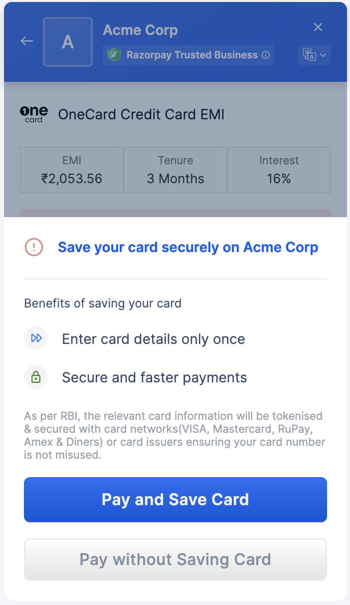 OneCard Credit Card EMI | Razorpay Docs