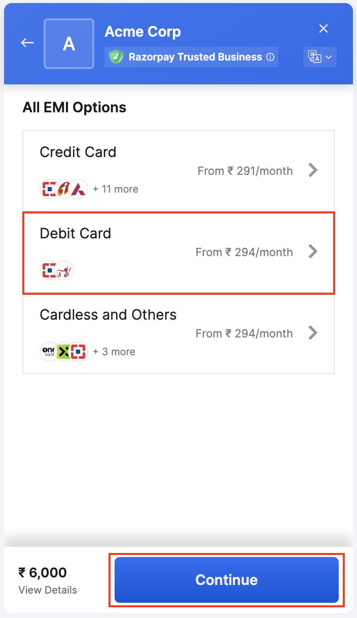 Select debit card payment option on checkout