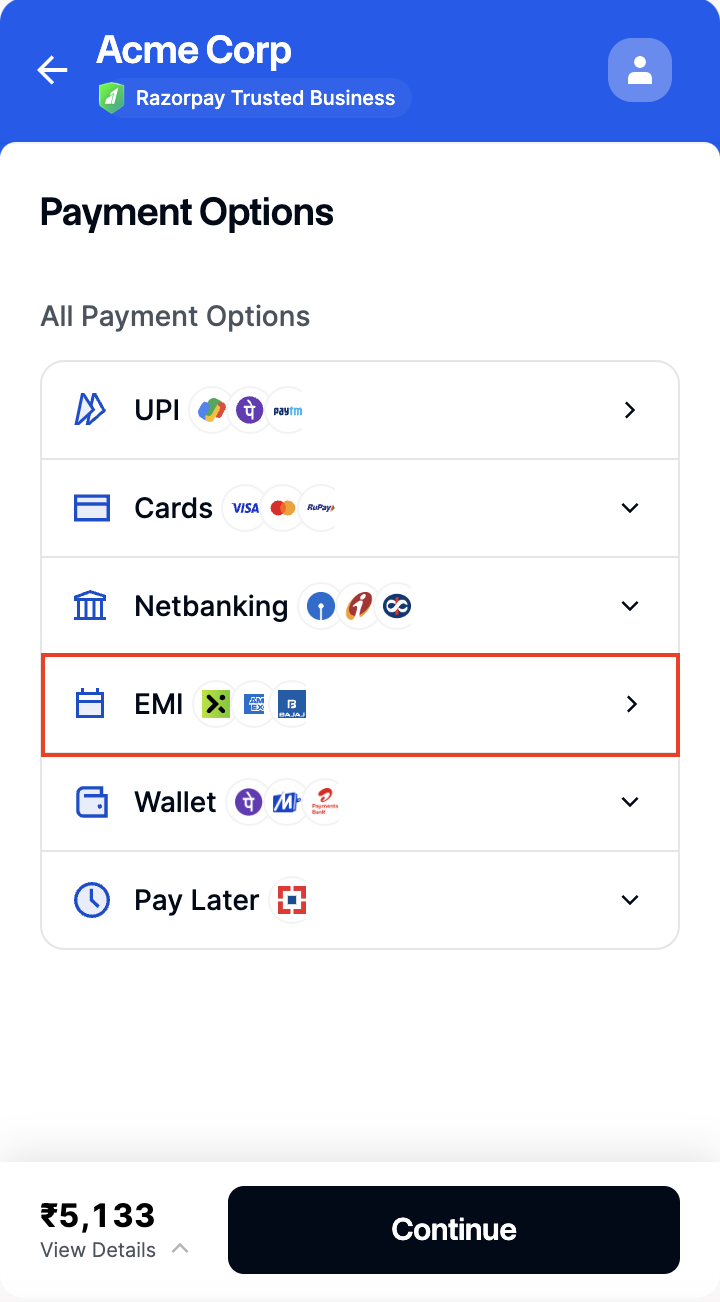 Select emi payment option on checkout