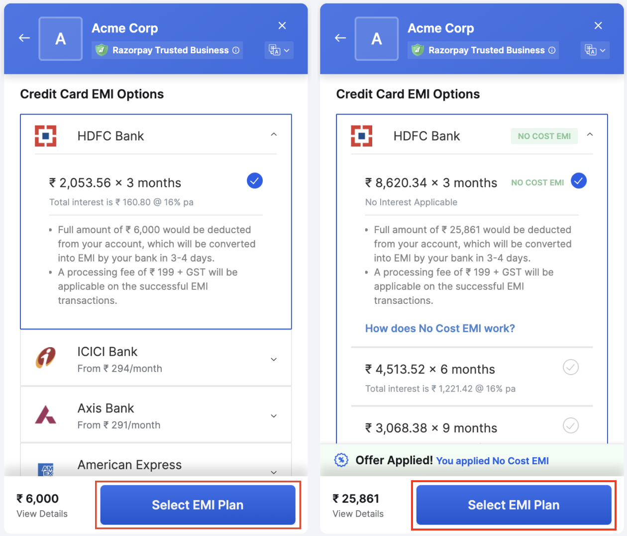 Credit Card EMIs Standard Checkout Razorpay Docs