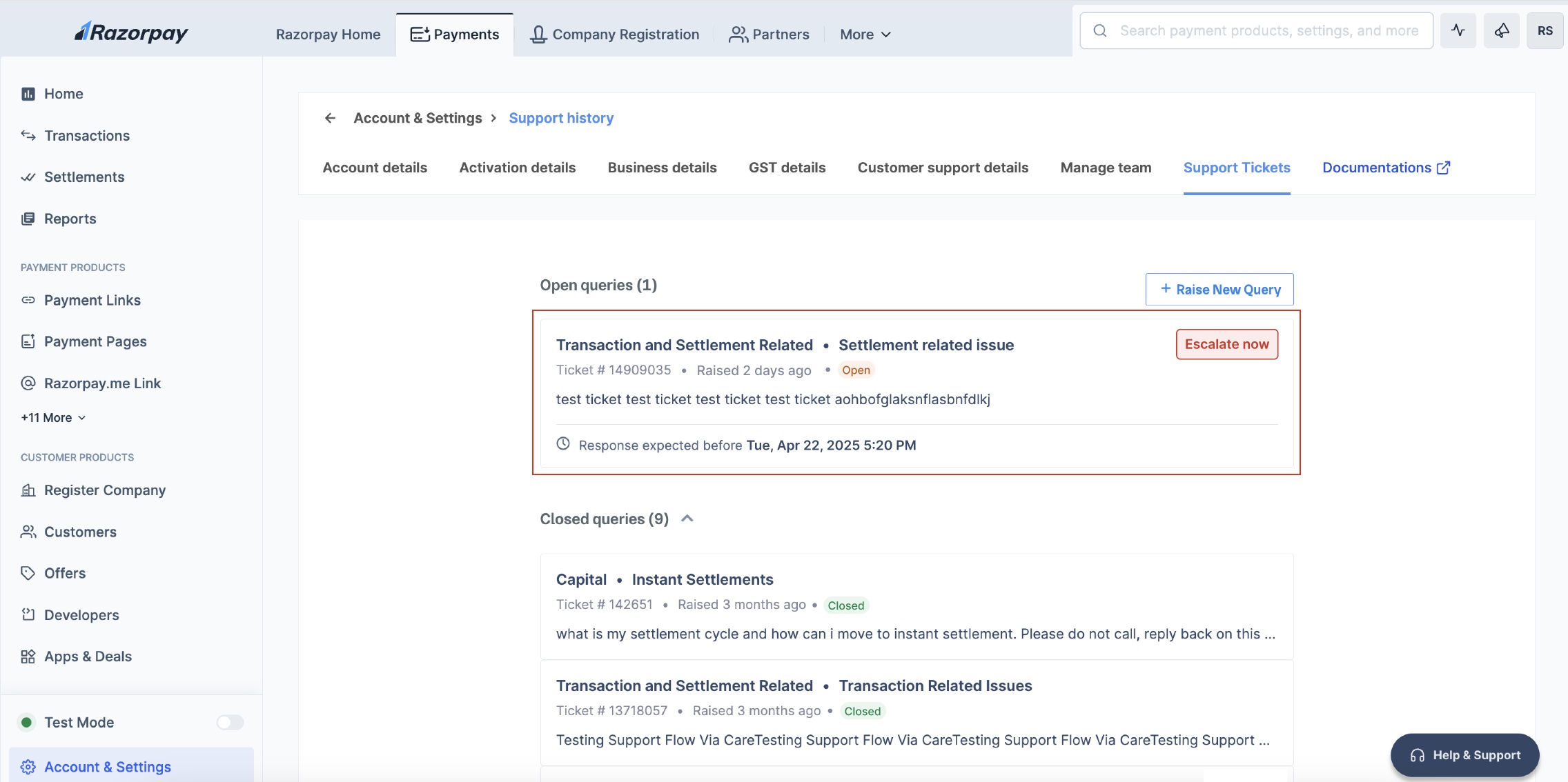 Dashboard - Escalate Now on Support Tickets