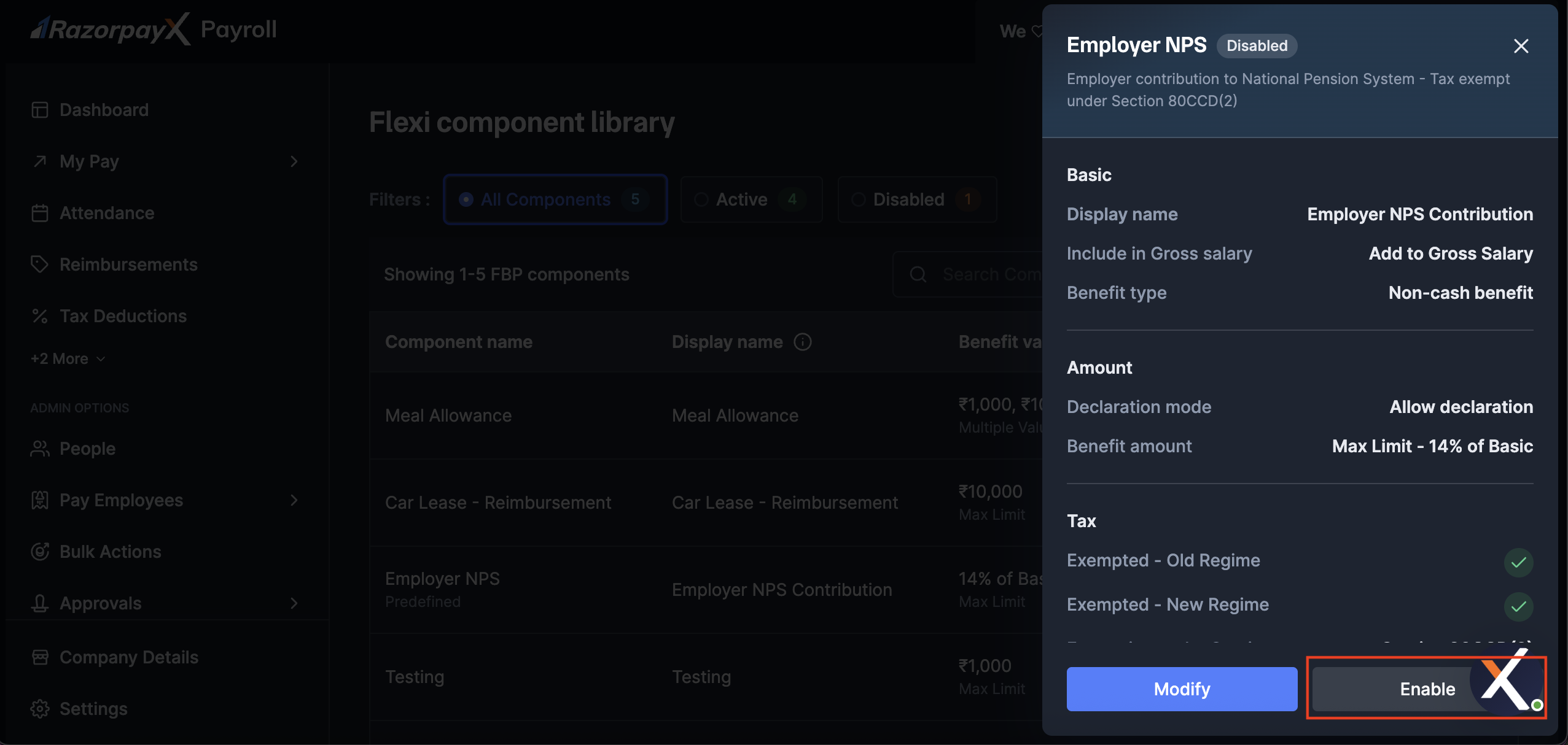 Employer NPS side panel showing Basic Amount and Tax configuration on RazorpayX Payroll