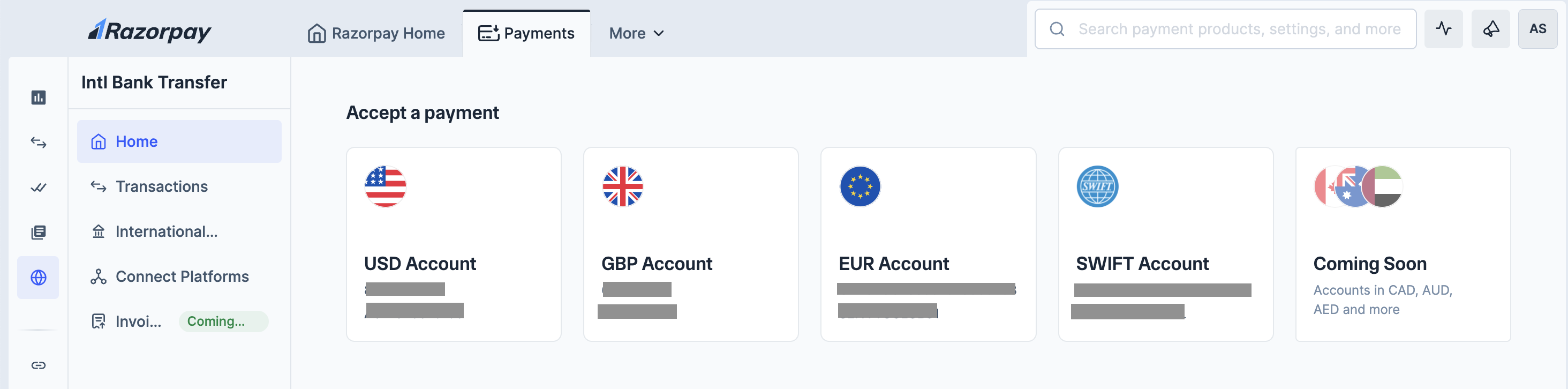 Virtual accounts on homepage