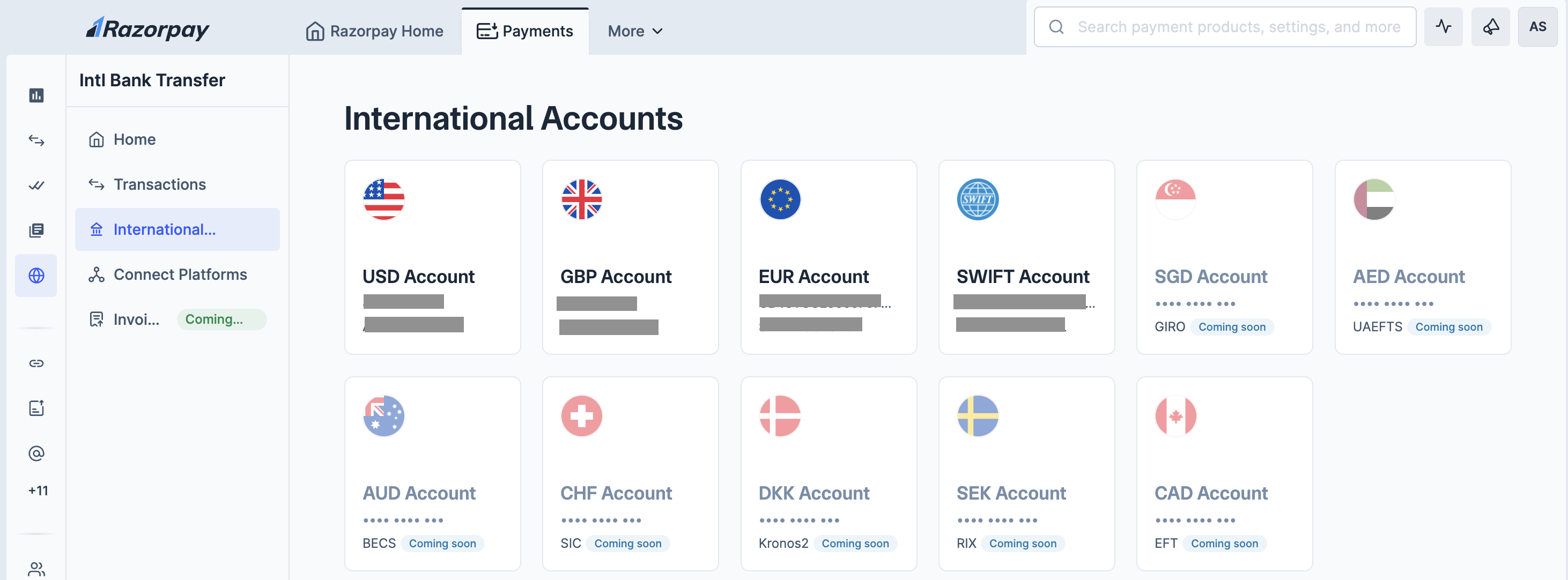 Virtual accounts on International accounts tab