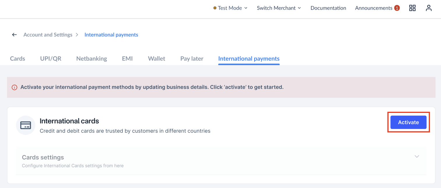 Request activation for international card payments