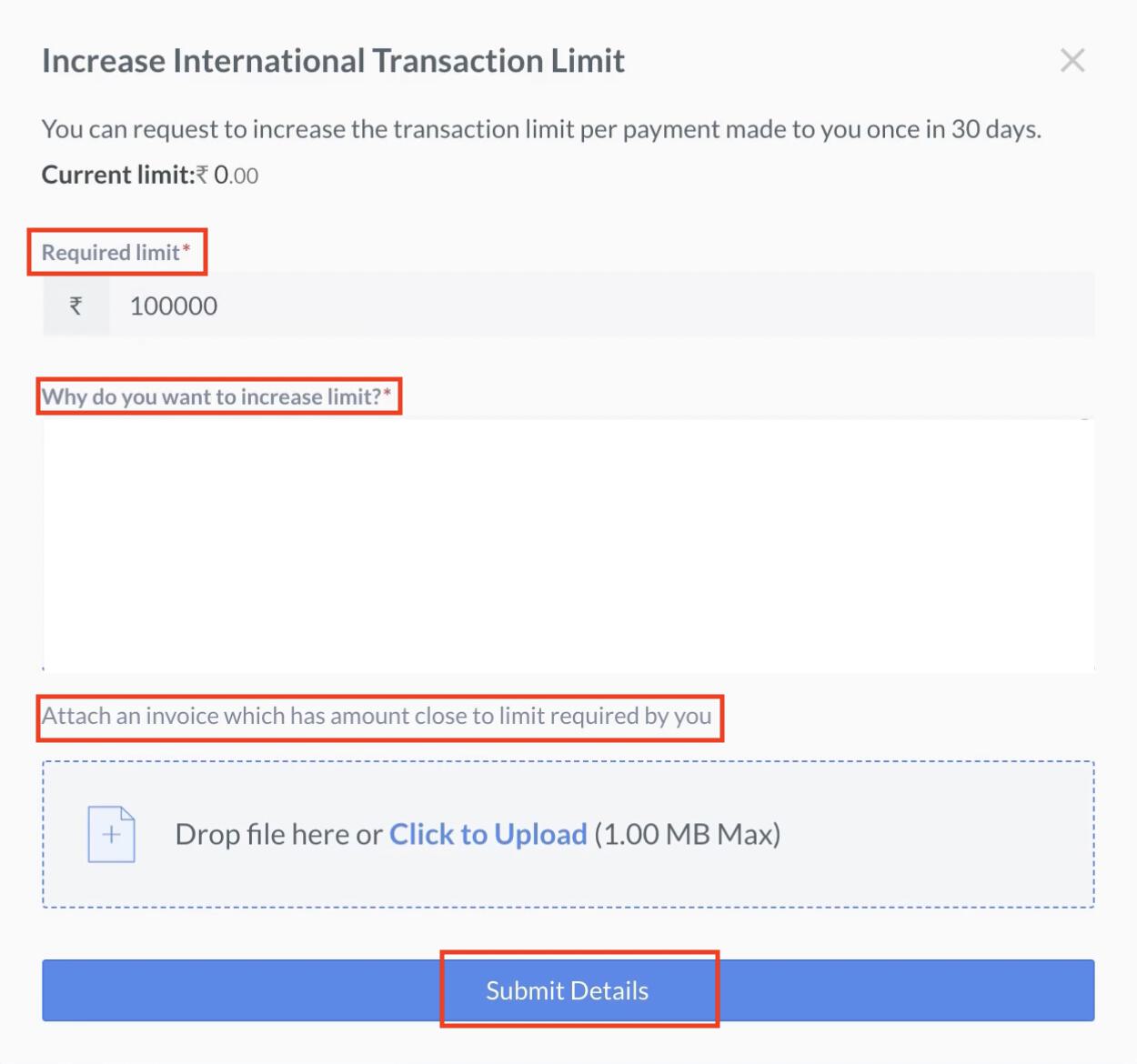 Provide invoice to update limit per international transaction