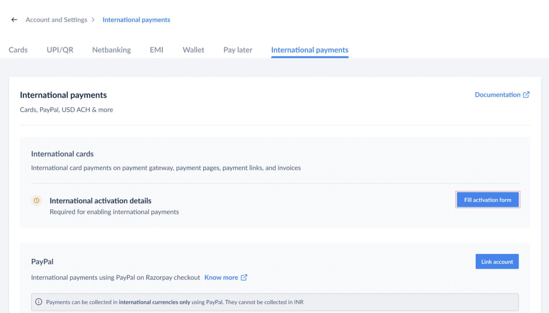 International payment Fill activation form