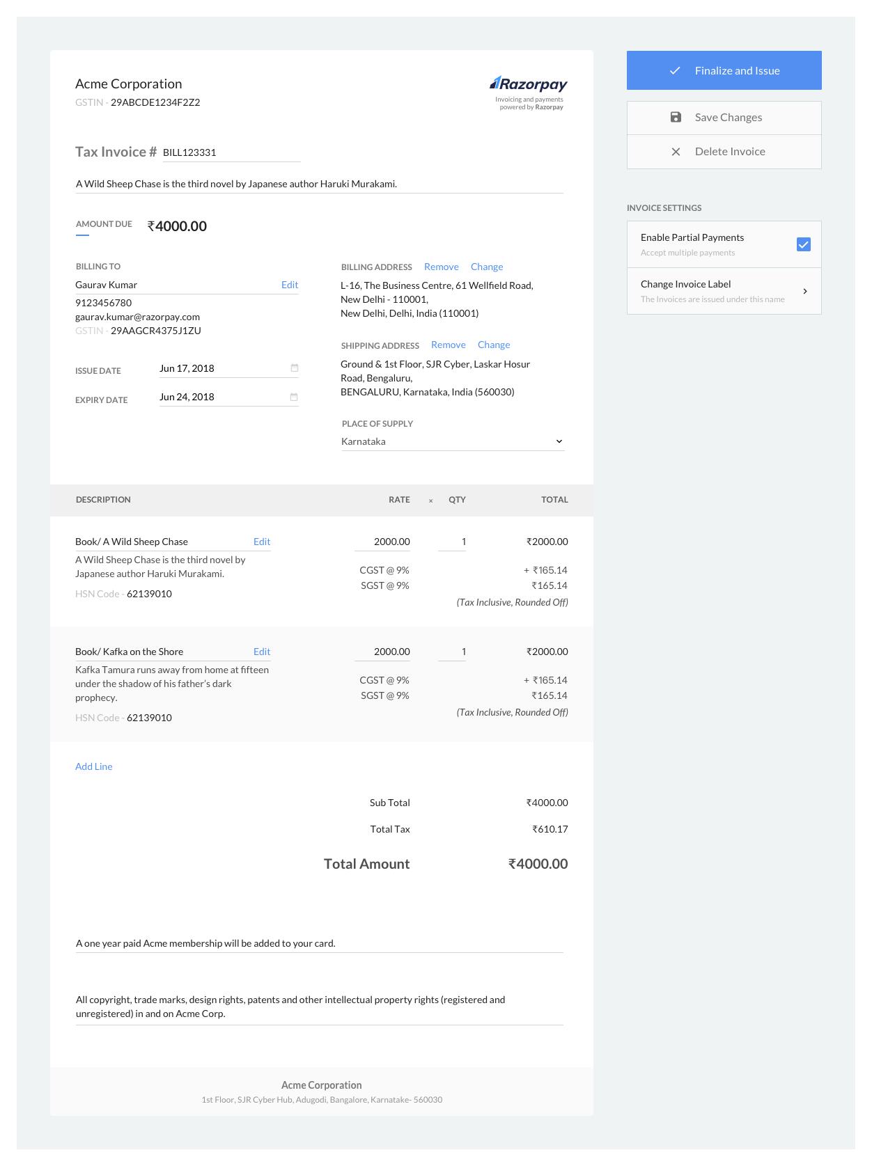 Create invoice from Dashboard