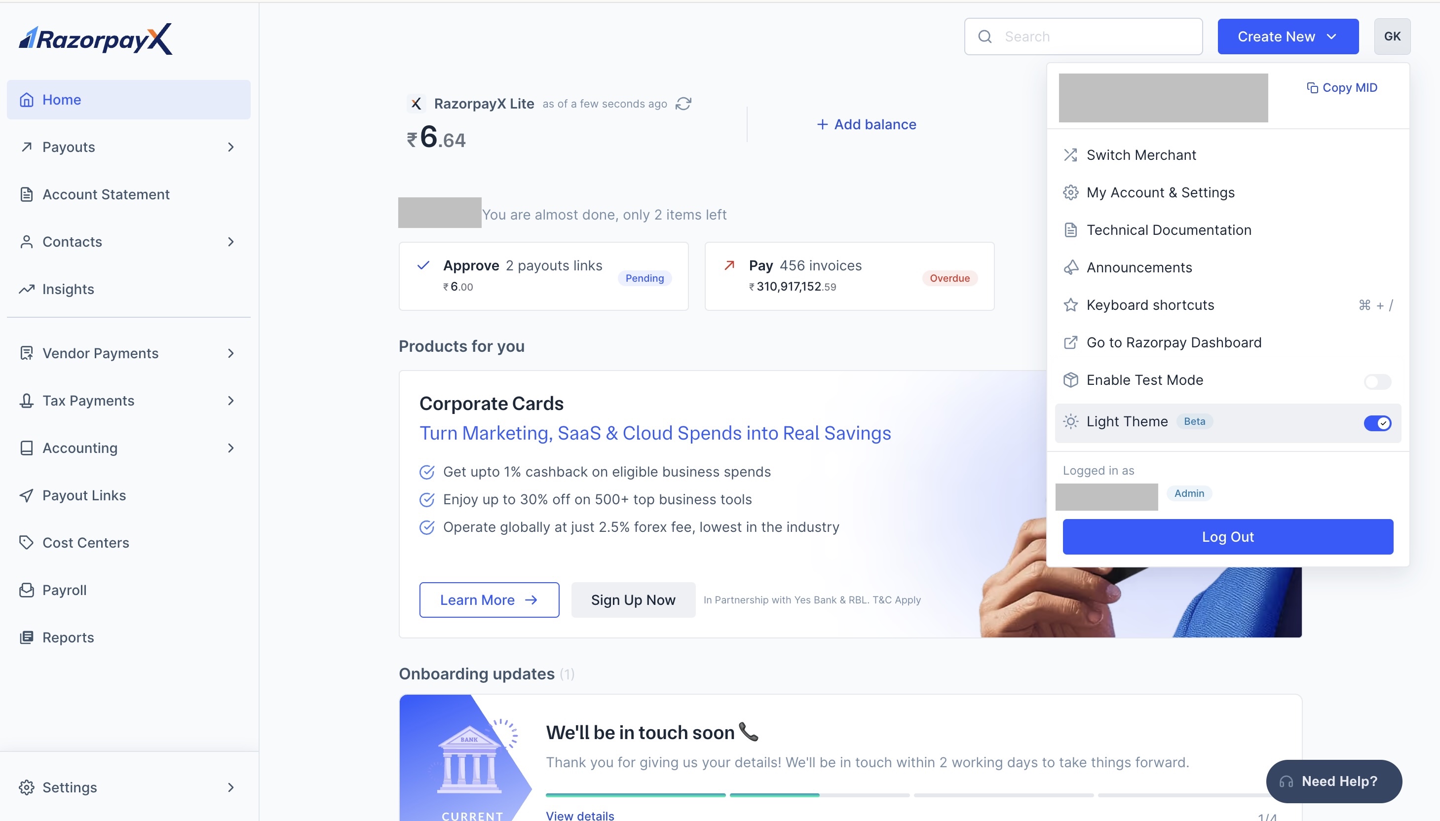 RazorpayX Dashboard Light Mode