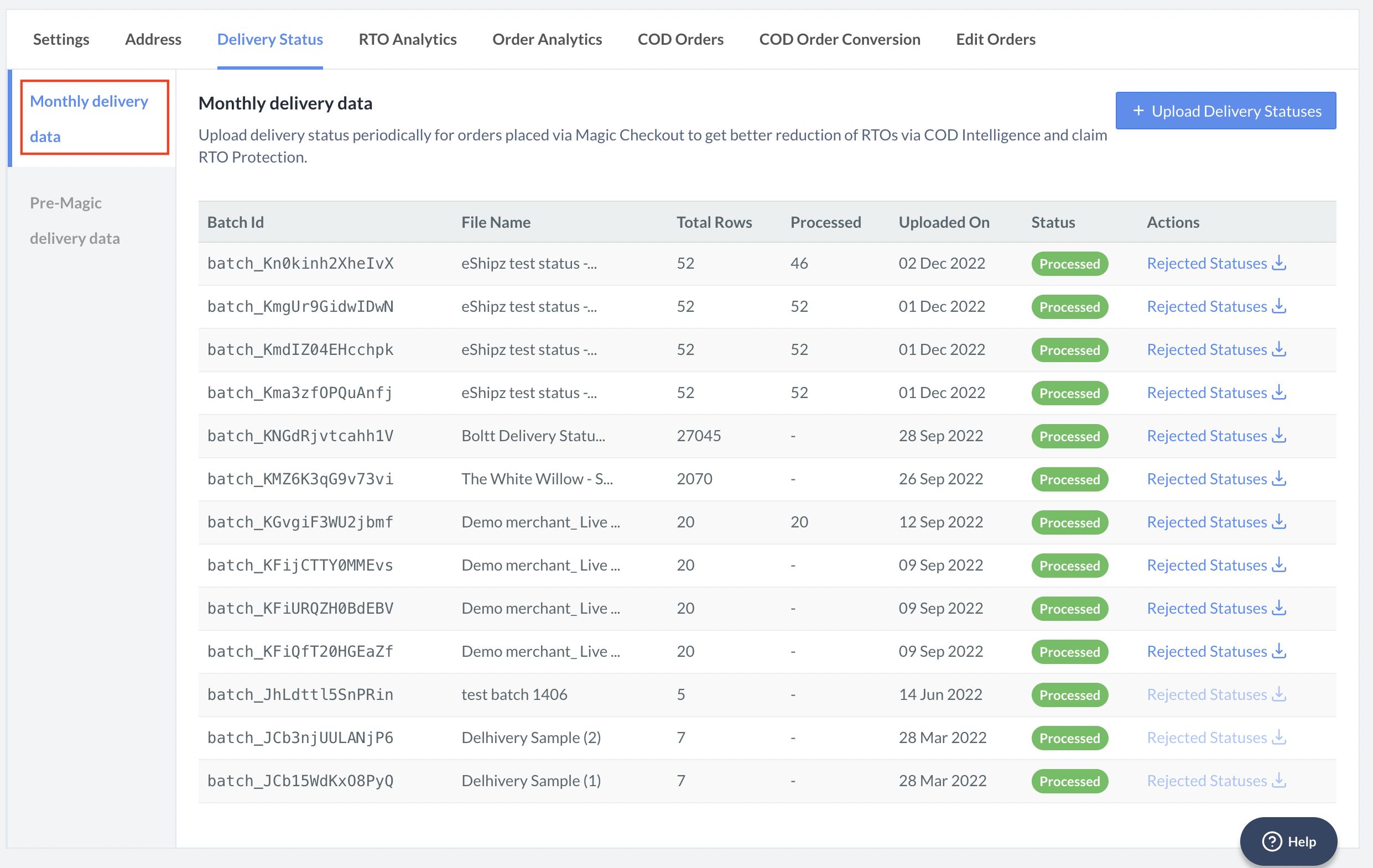 Monthly delivery data on the Razorpay Dashboard and upload the file