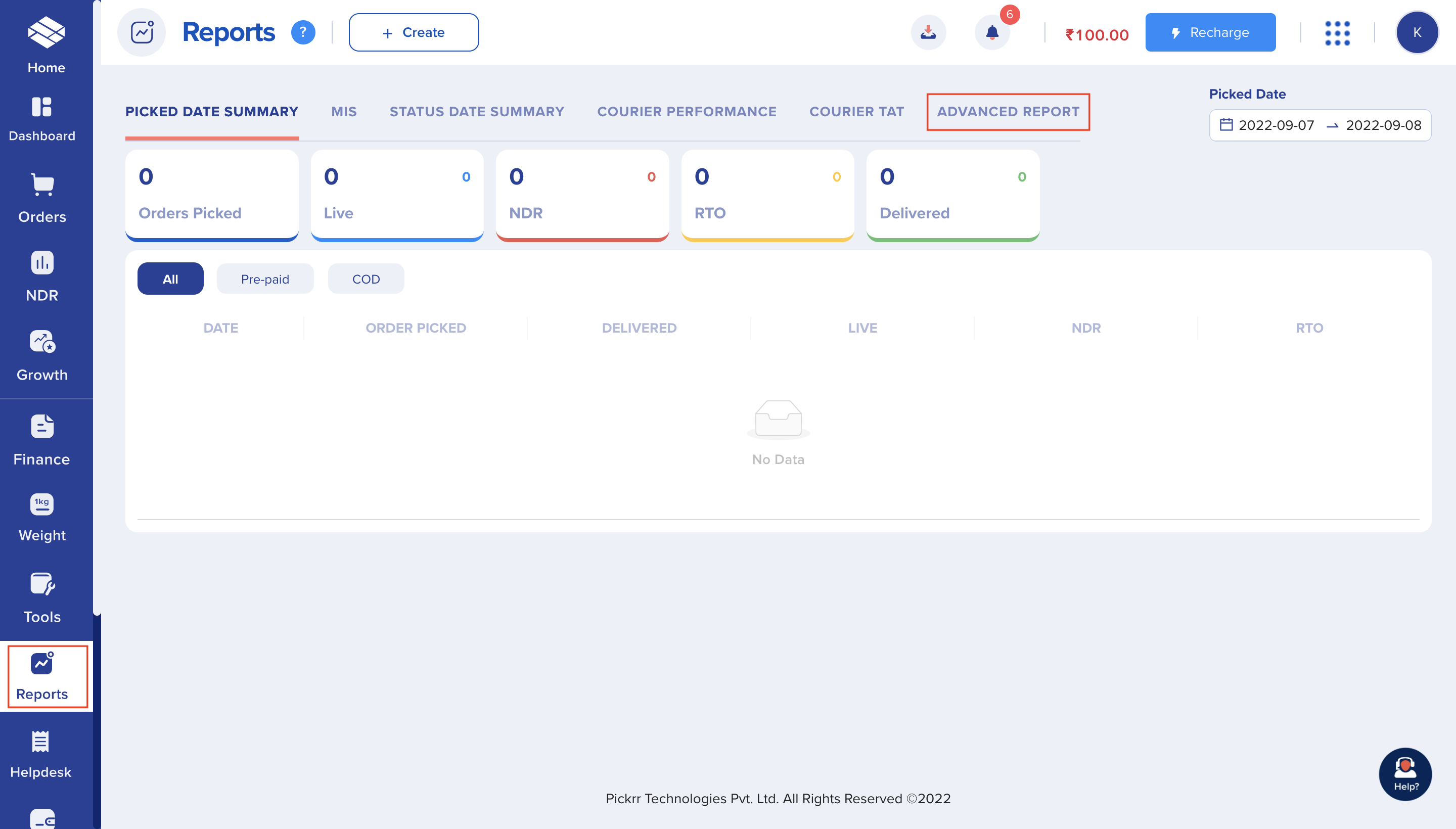 Navigate to Advanced Reports on the Pickr Dashboard