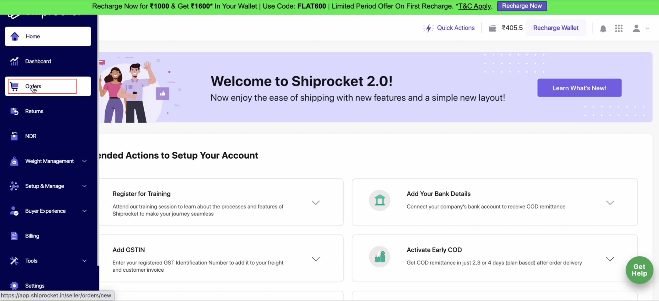 Navigate to orders on the Shiprocket Dashboard