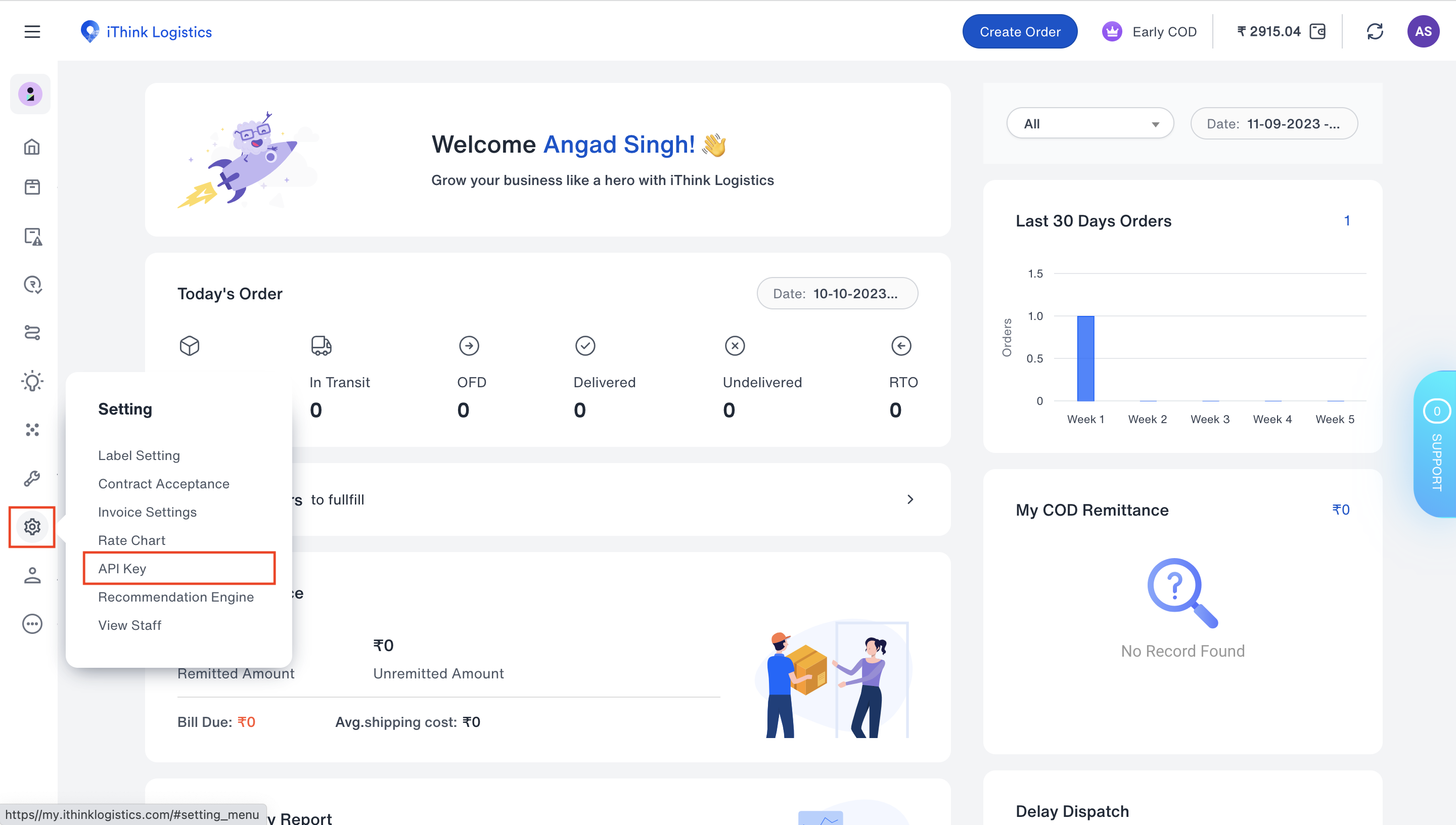 Navigate to API keys section on the iThink logistics dashboard