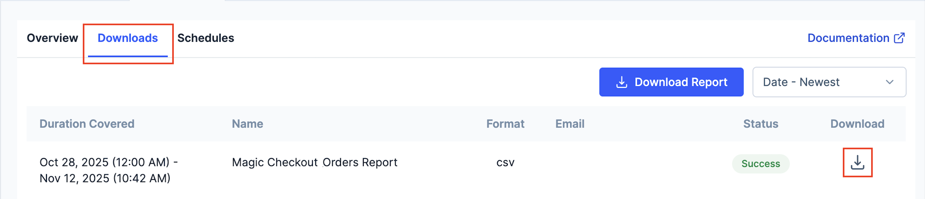 View and download Magic Checkout reports from Downloads section
