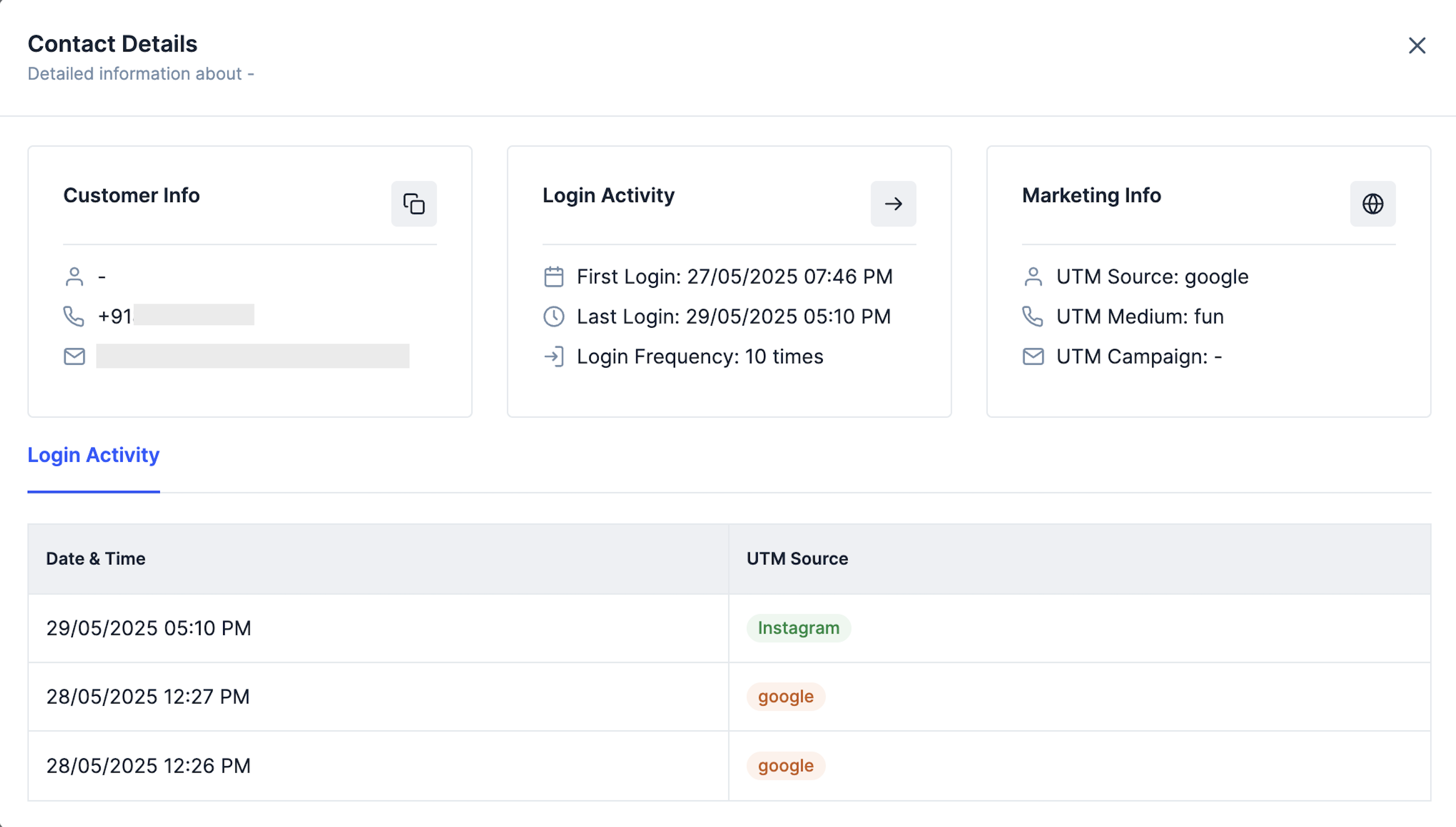 Customer detail view in Login with Razorpay dashboard