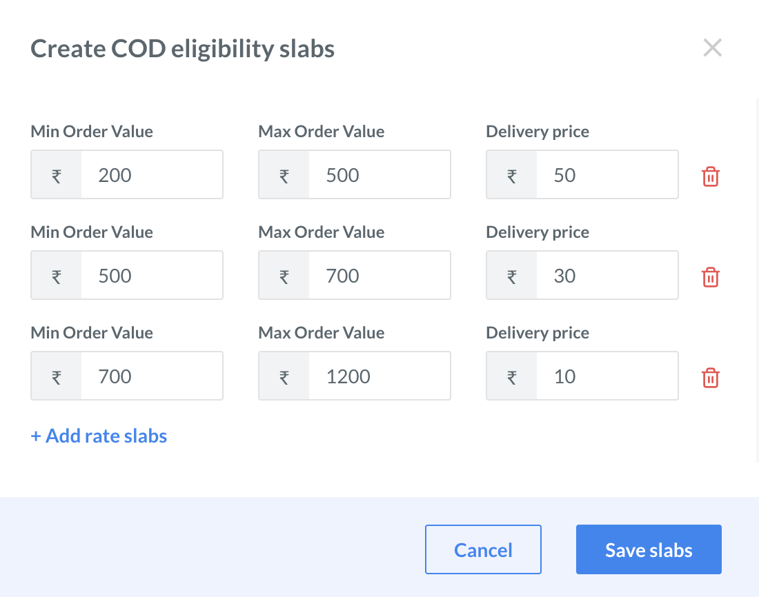 Create COD eligibility slabs with COD charges