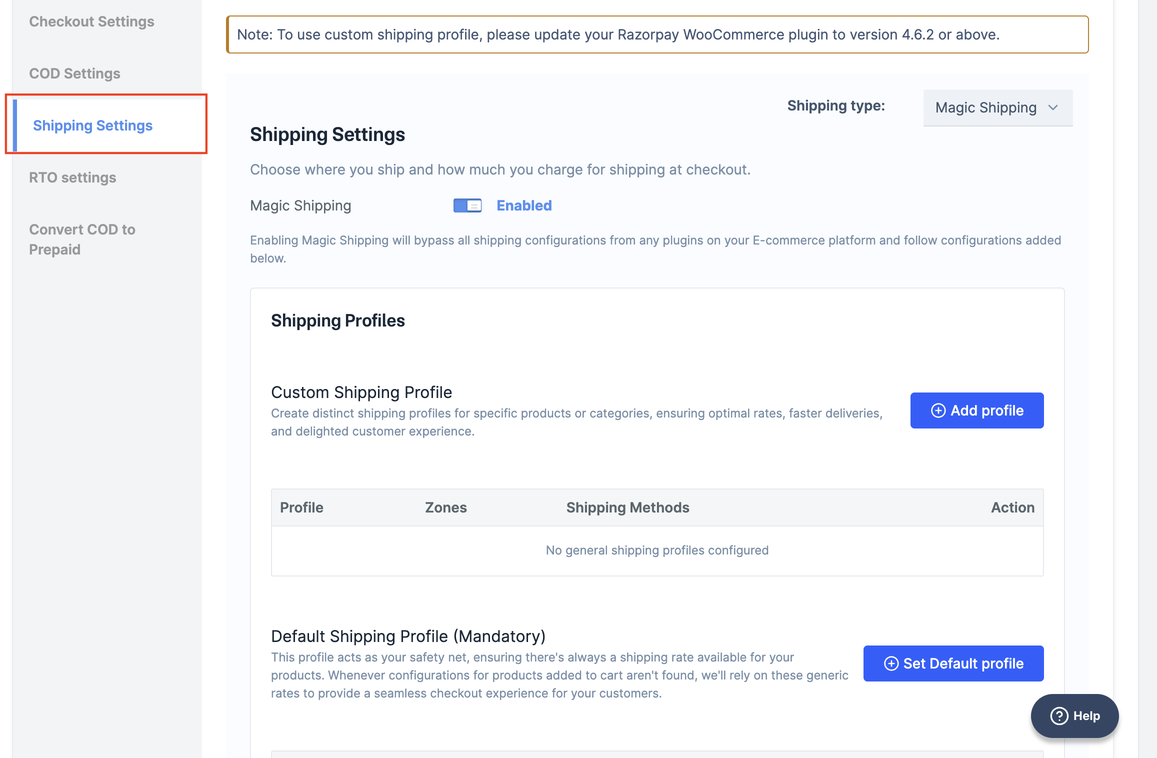 Navigate to Shipping settings on the Razorpay Dashboard