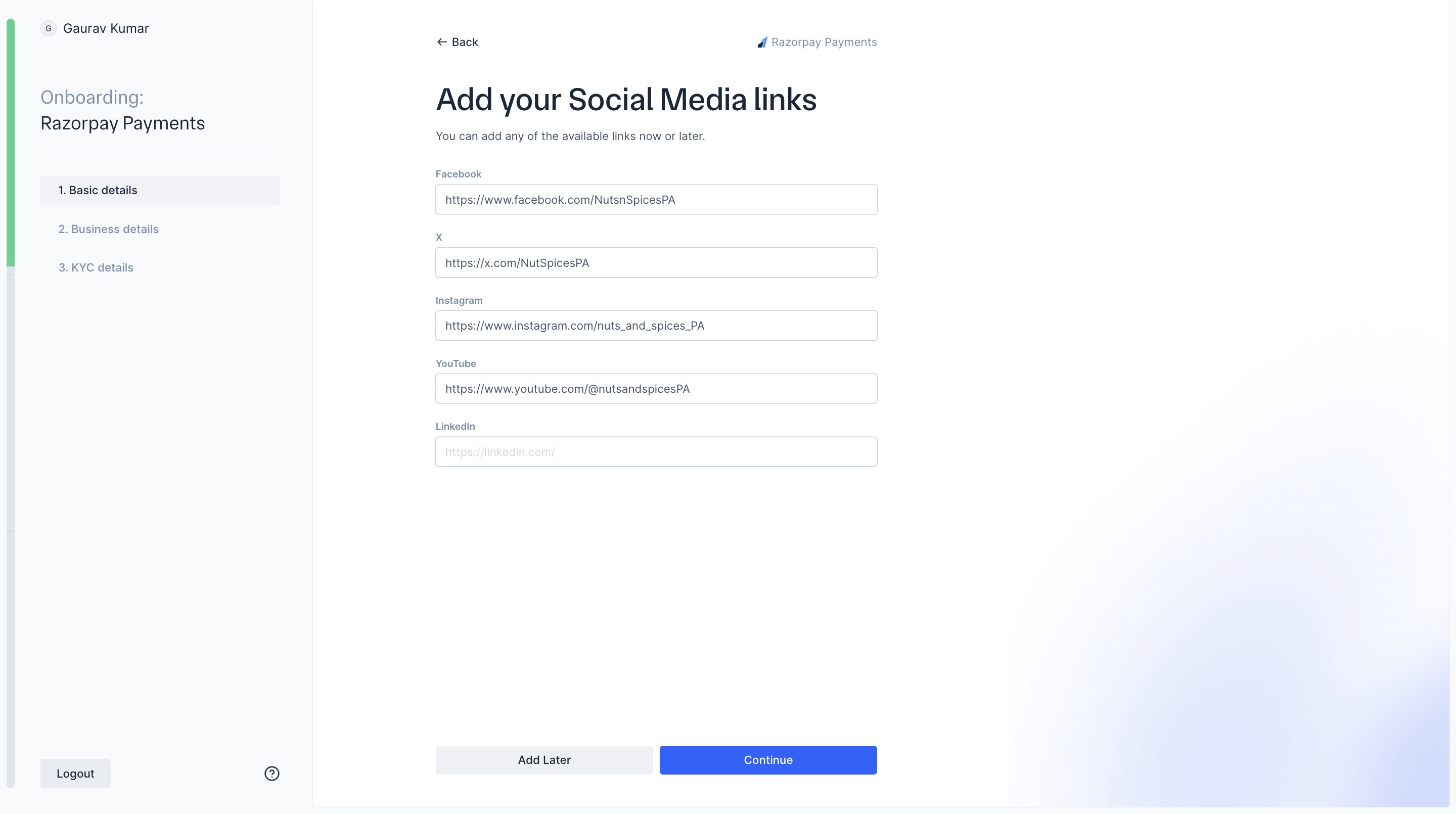 Enter social media links