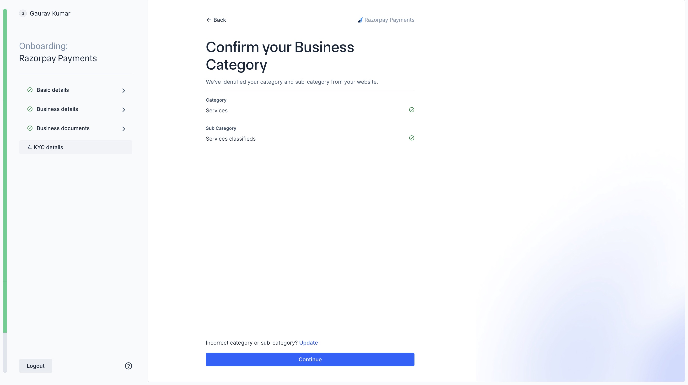 Confirm business category
