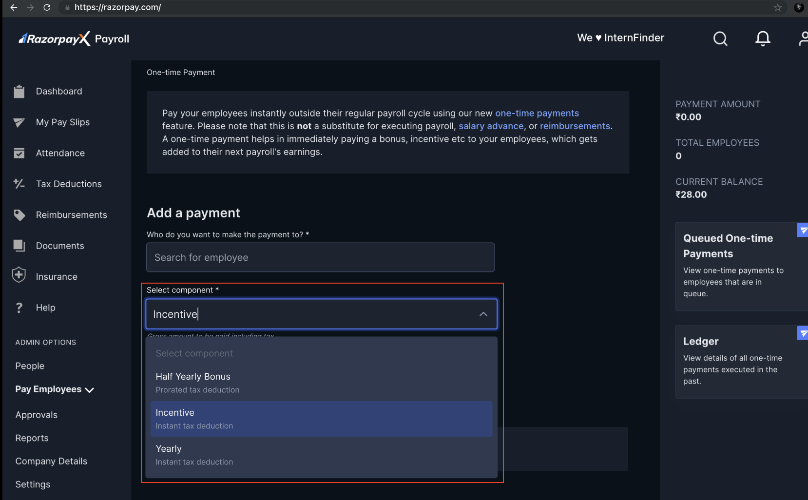 one time payment component