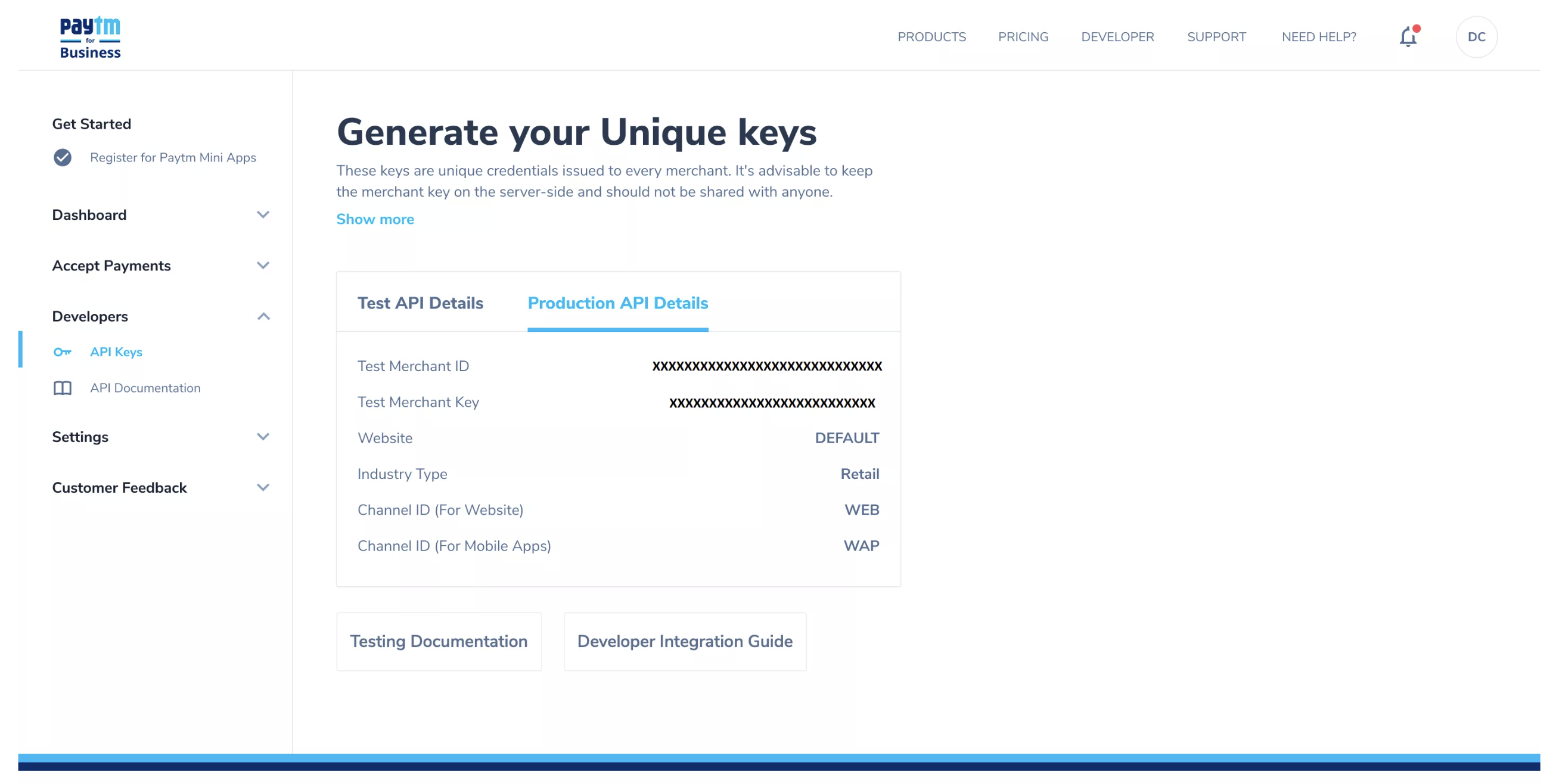 Paytm test API keys