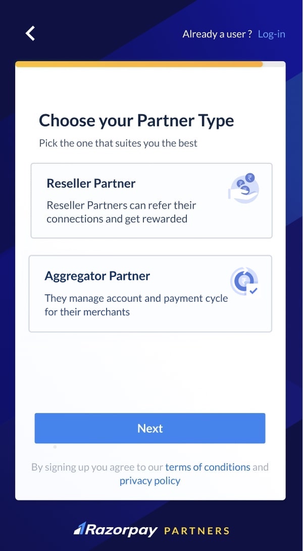 Select the Partner Type - Reseller or Aggregator