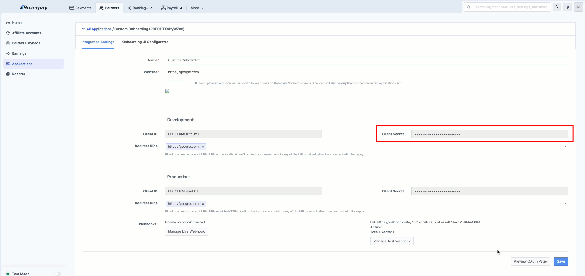 View Production and Development Credentials for Application