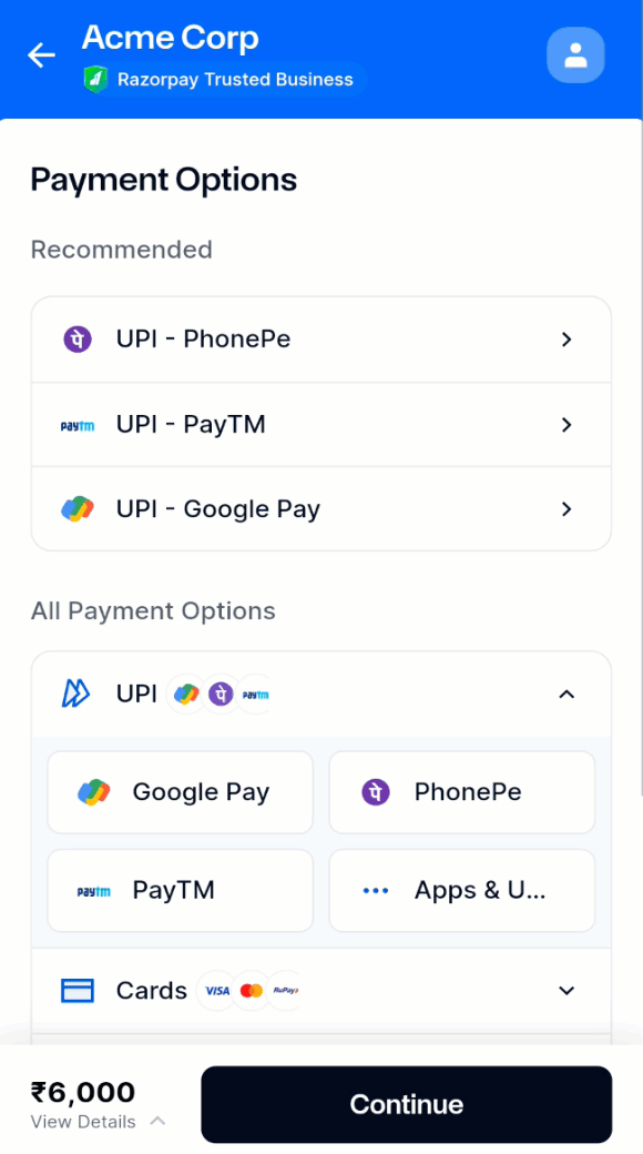 UPI Checkout with Intent Flow