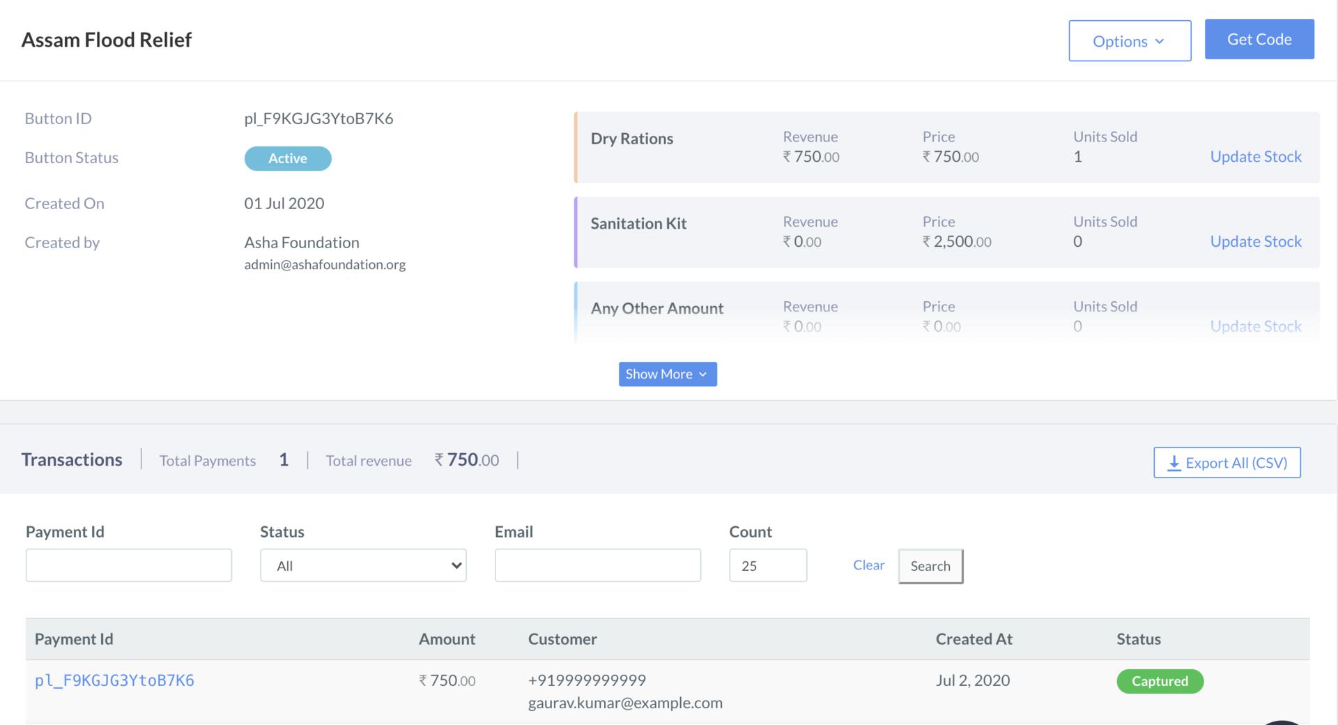 Transaction details on Razorpay Dashboard