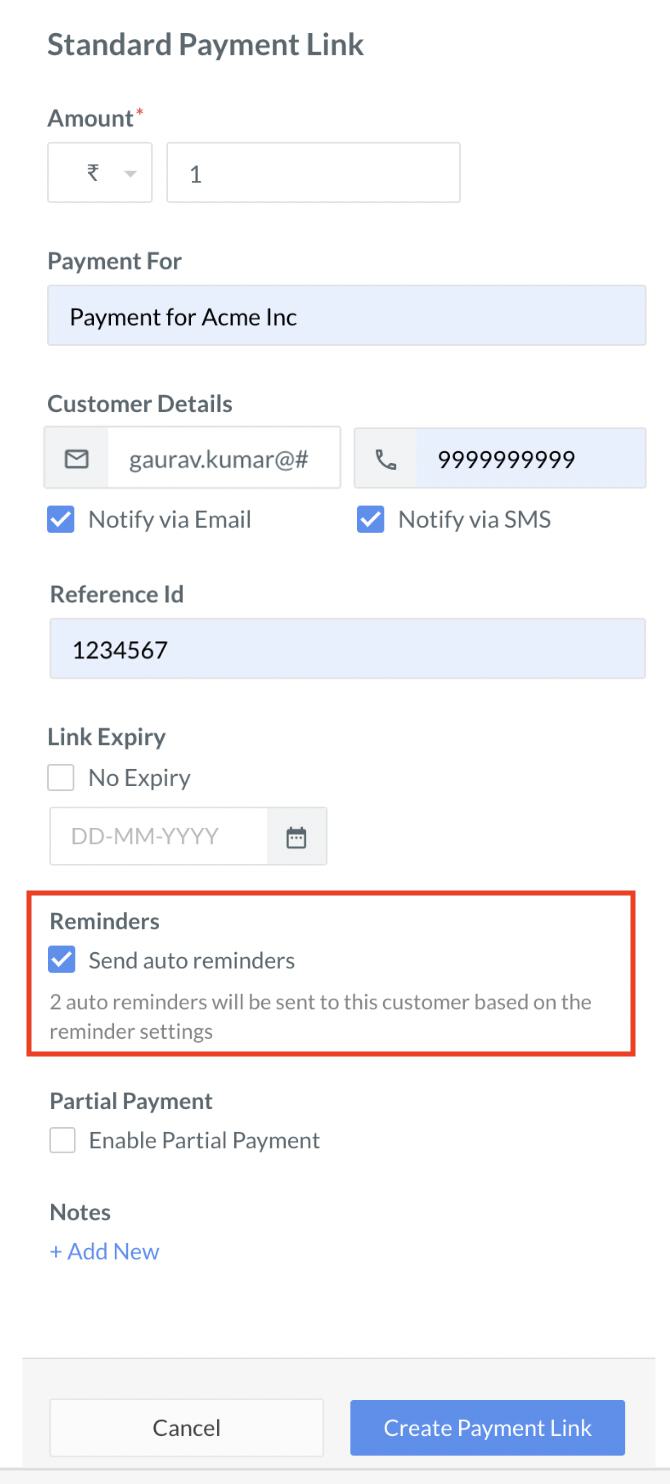 enable or disable reminders when creating a payment link