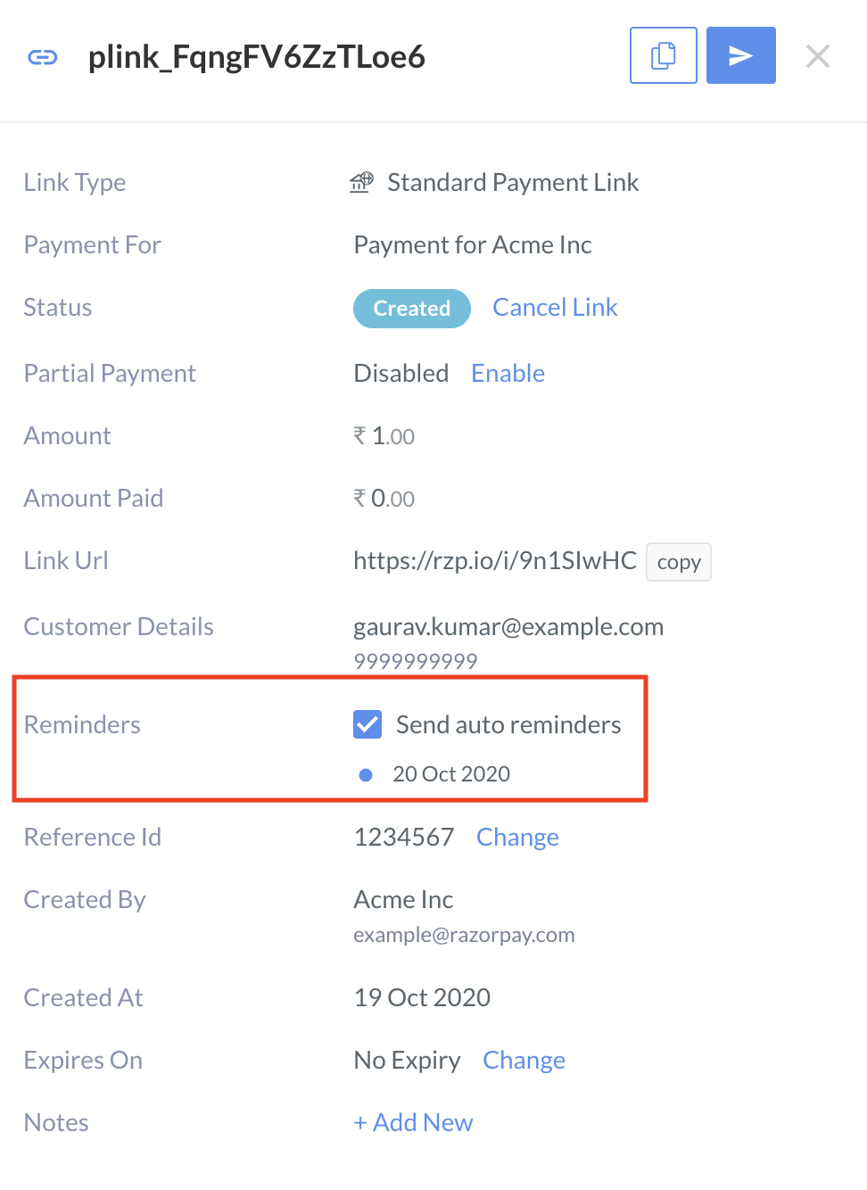 edit reminders for an issued payment link