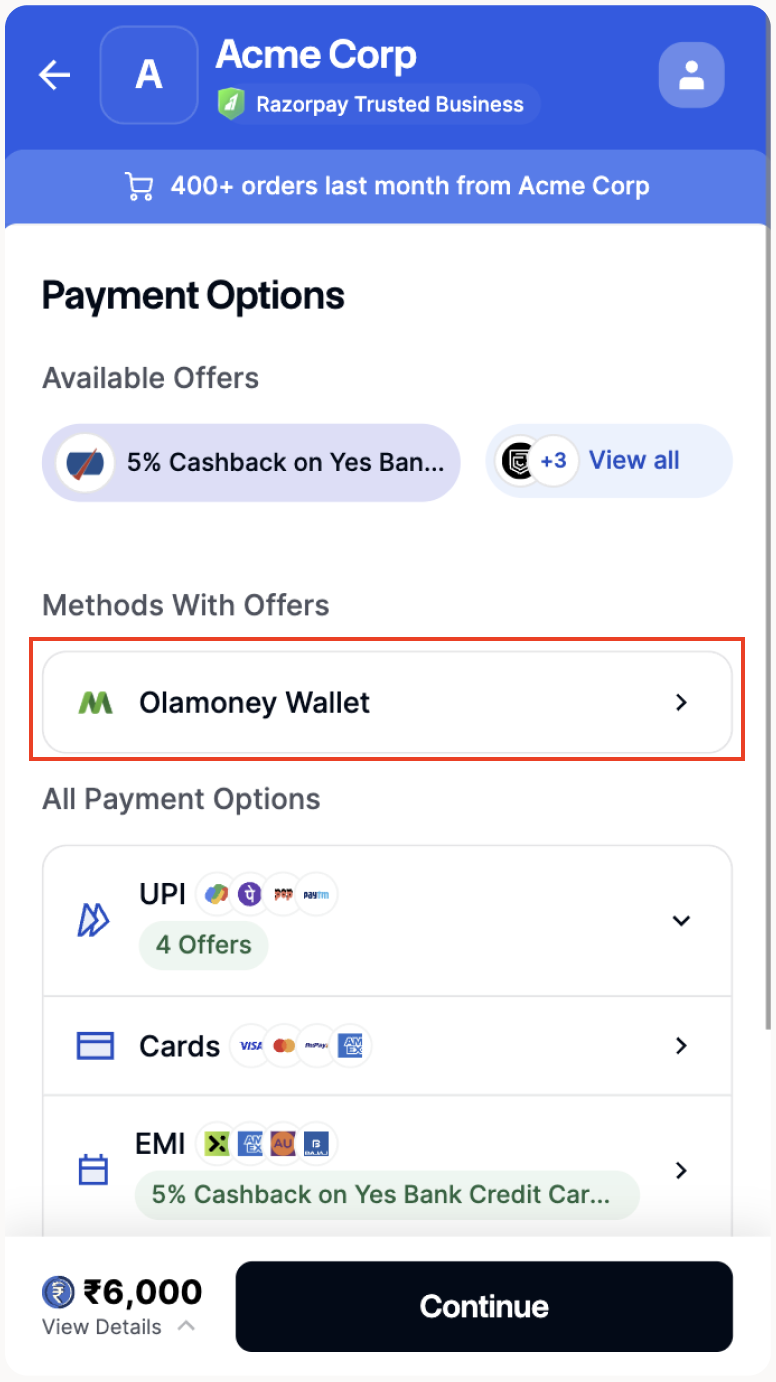 show ola money on checkout on mobile