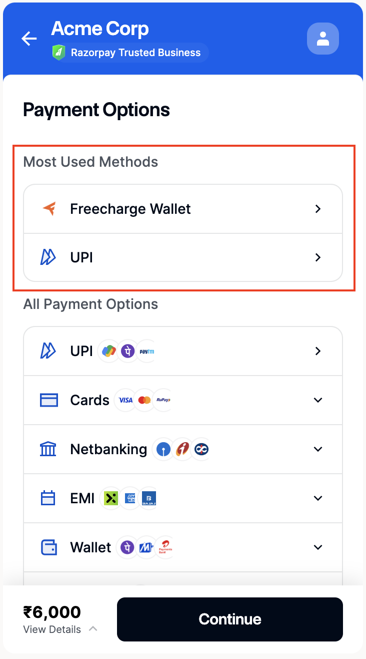 show most used methods on mobile