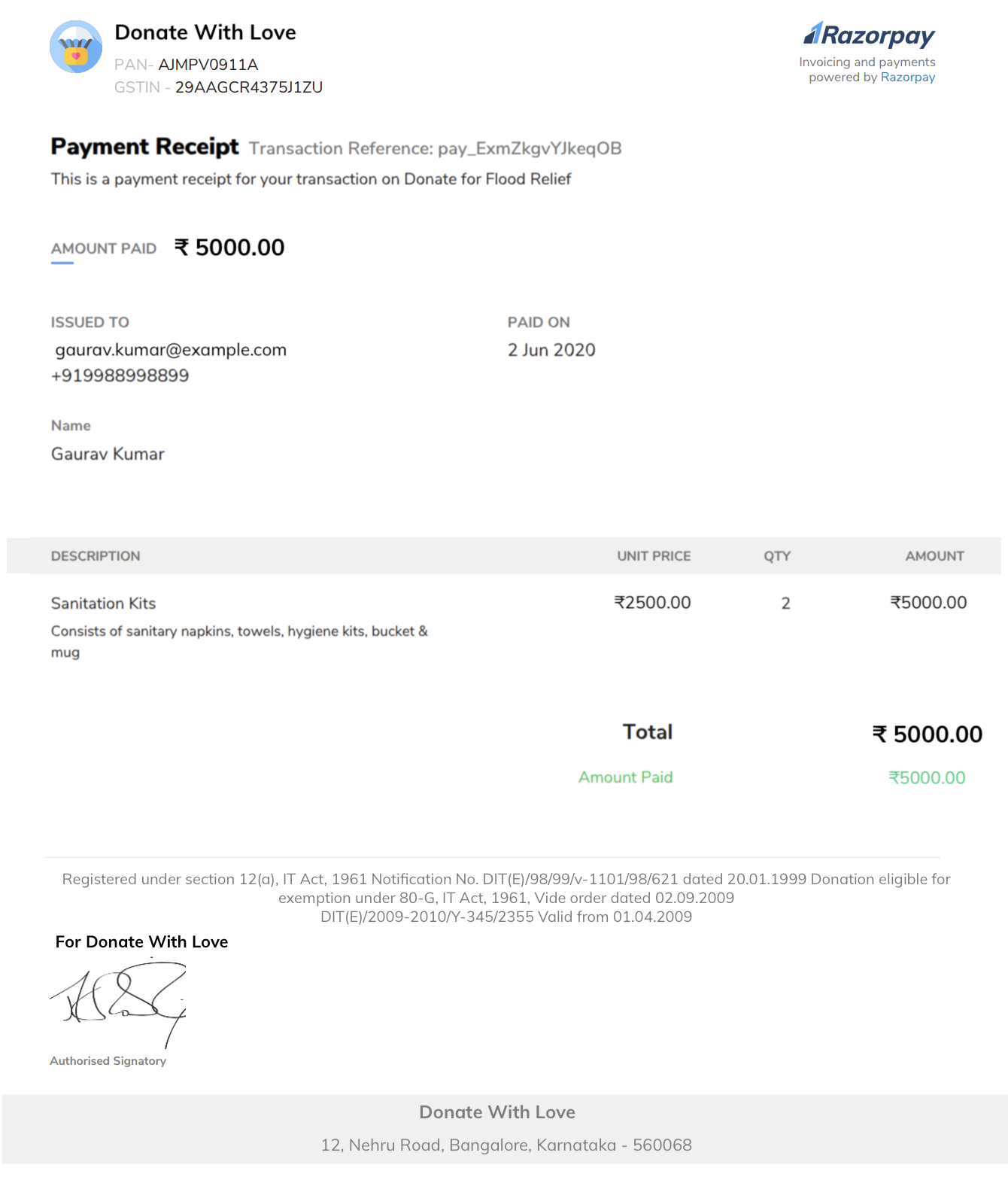 Configure 80G-enabled Payment Button Receipt | Razorpay Docs