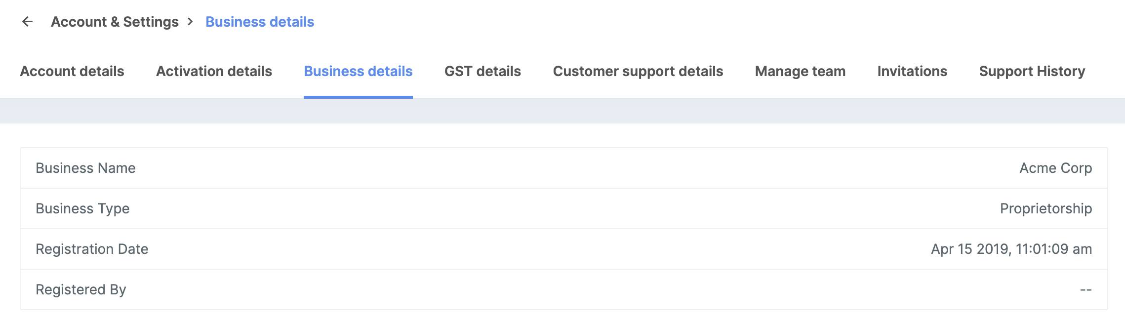 Payments Dashboard - Account & Settings - Business Details