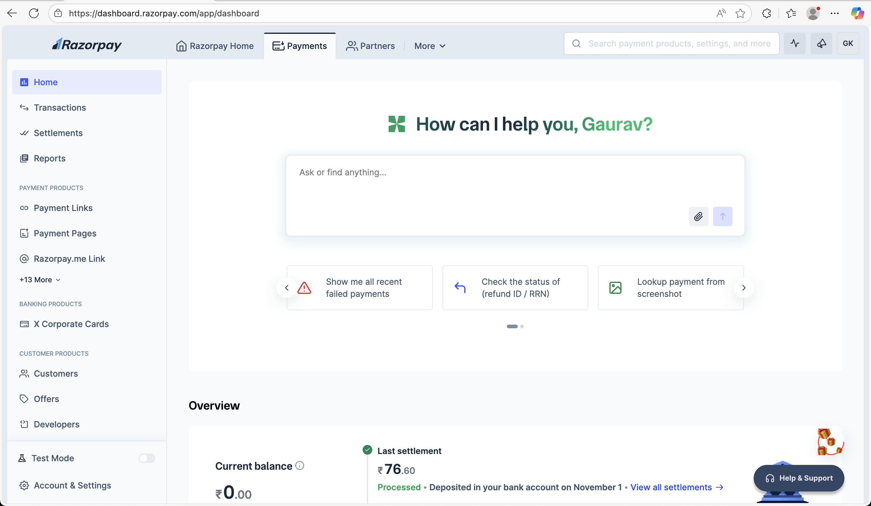 Razorpay Dashboard Home page