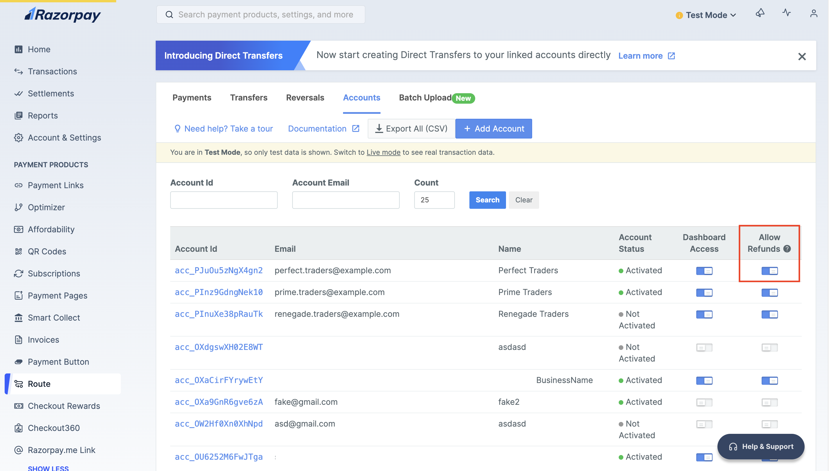 Disable refunds on Razorpay Dashboard for Route