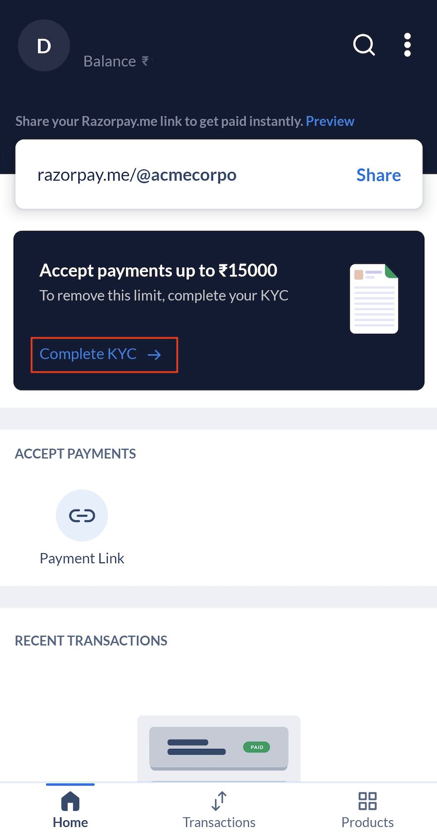 Complete KYC for Razorpay account on the payments mobile app