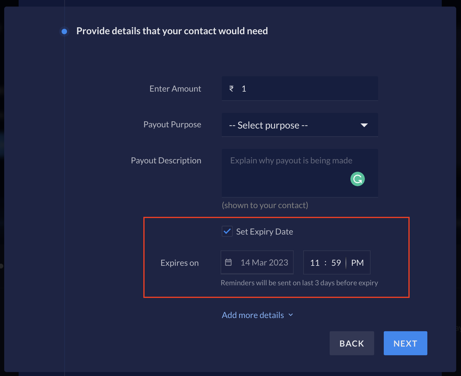Setting expiry date on Payout Links modal on RazorpayX Dashboard