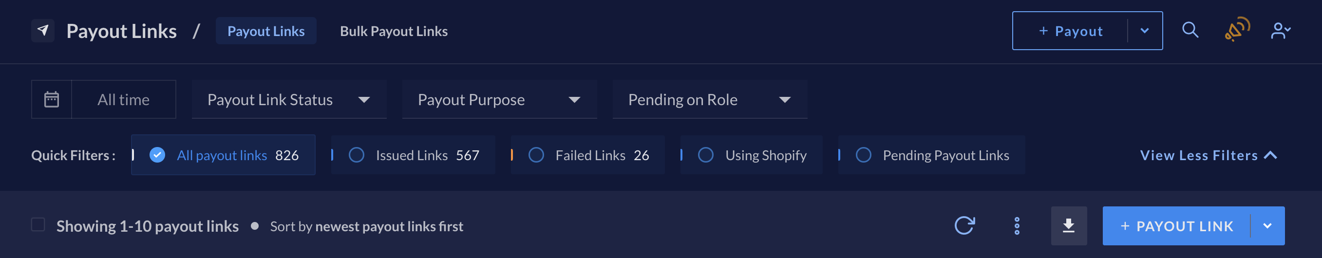 Quick filters menu on Payout Links Dashboard