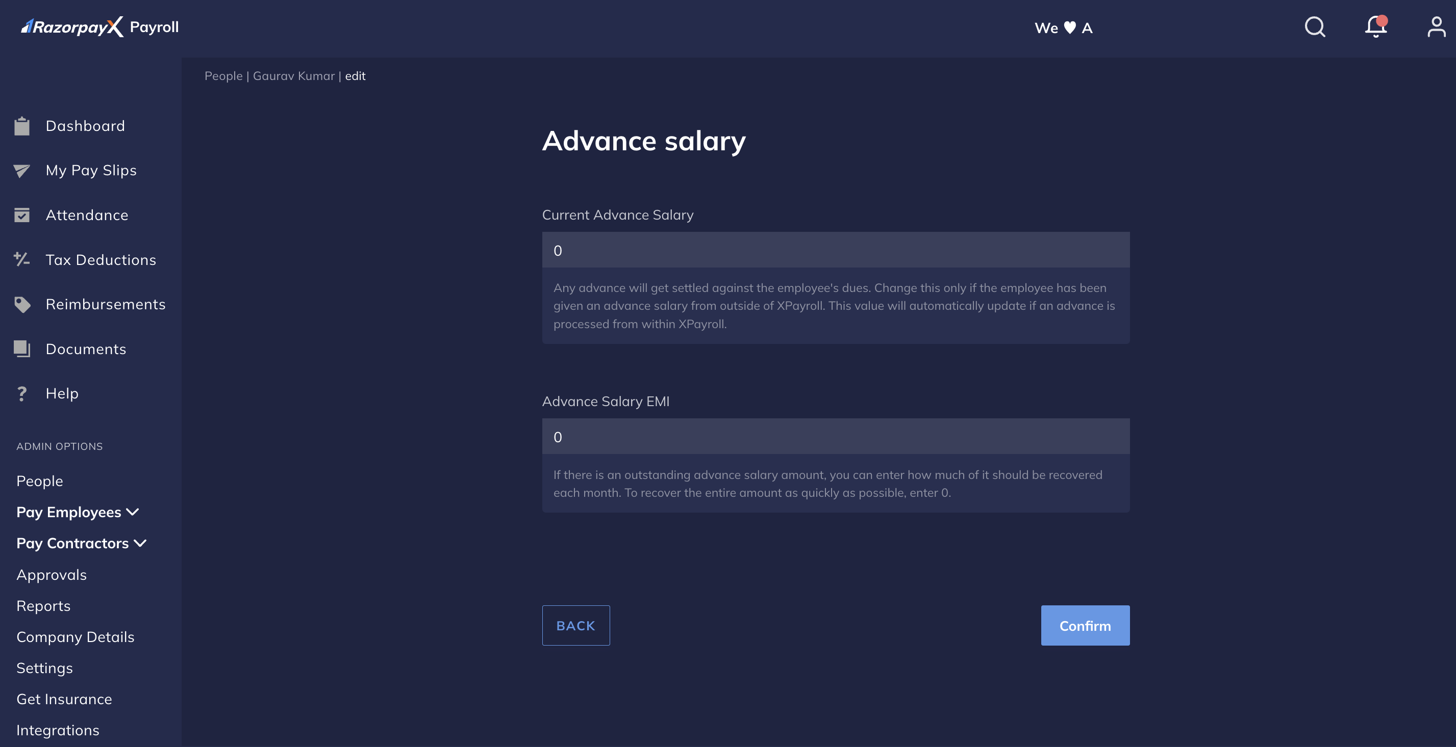 Edit Current Advance Salary on Razorpay Payroll