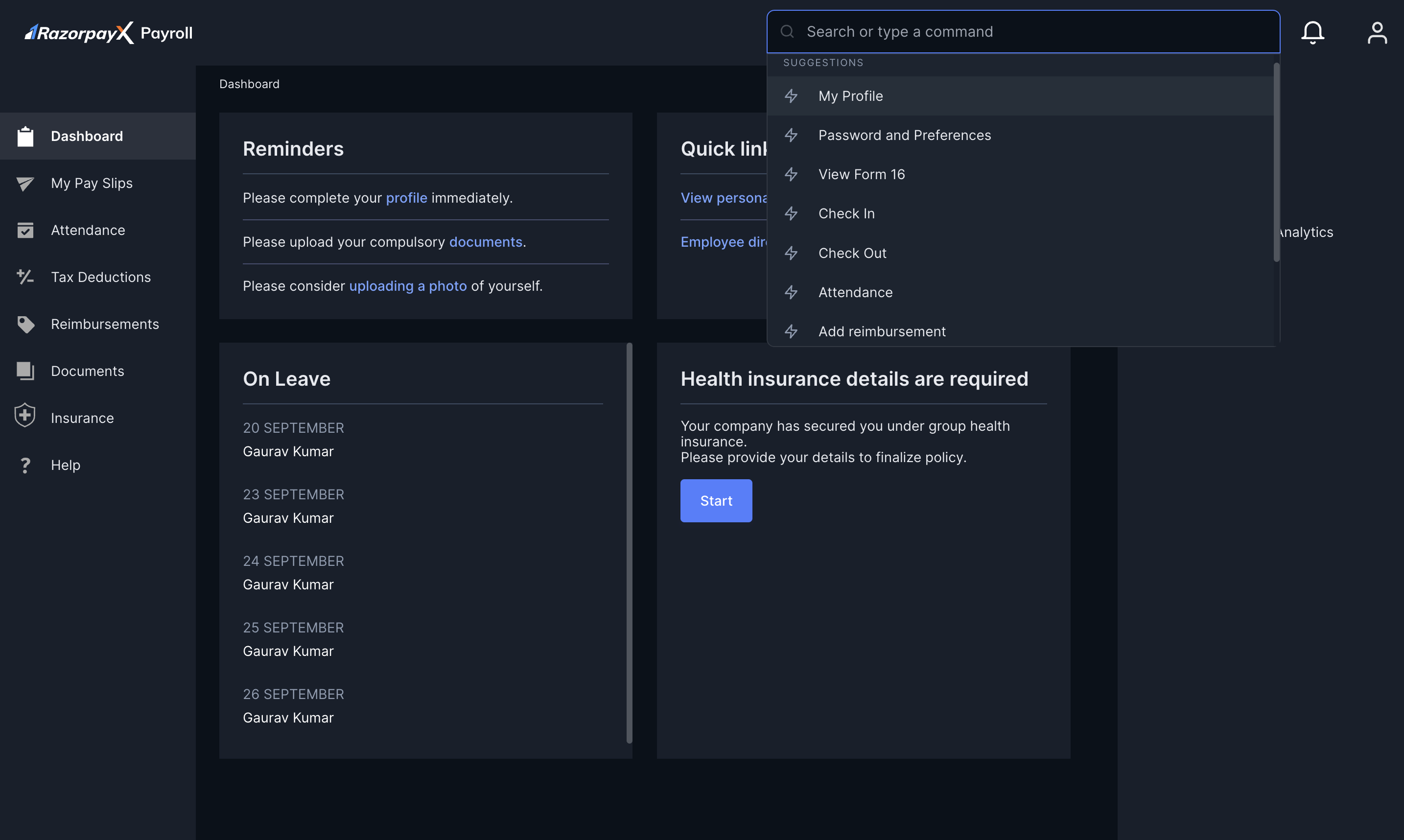 RazorpayX Payroll View Dashboard Home page