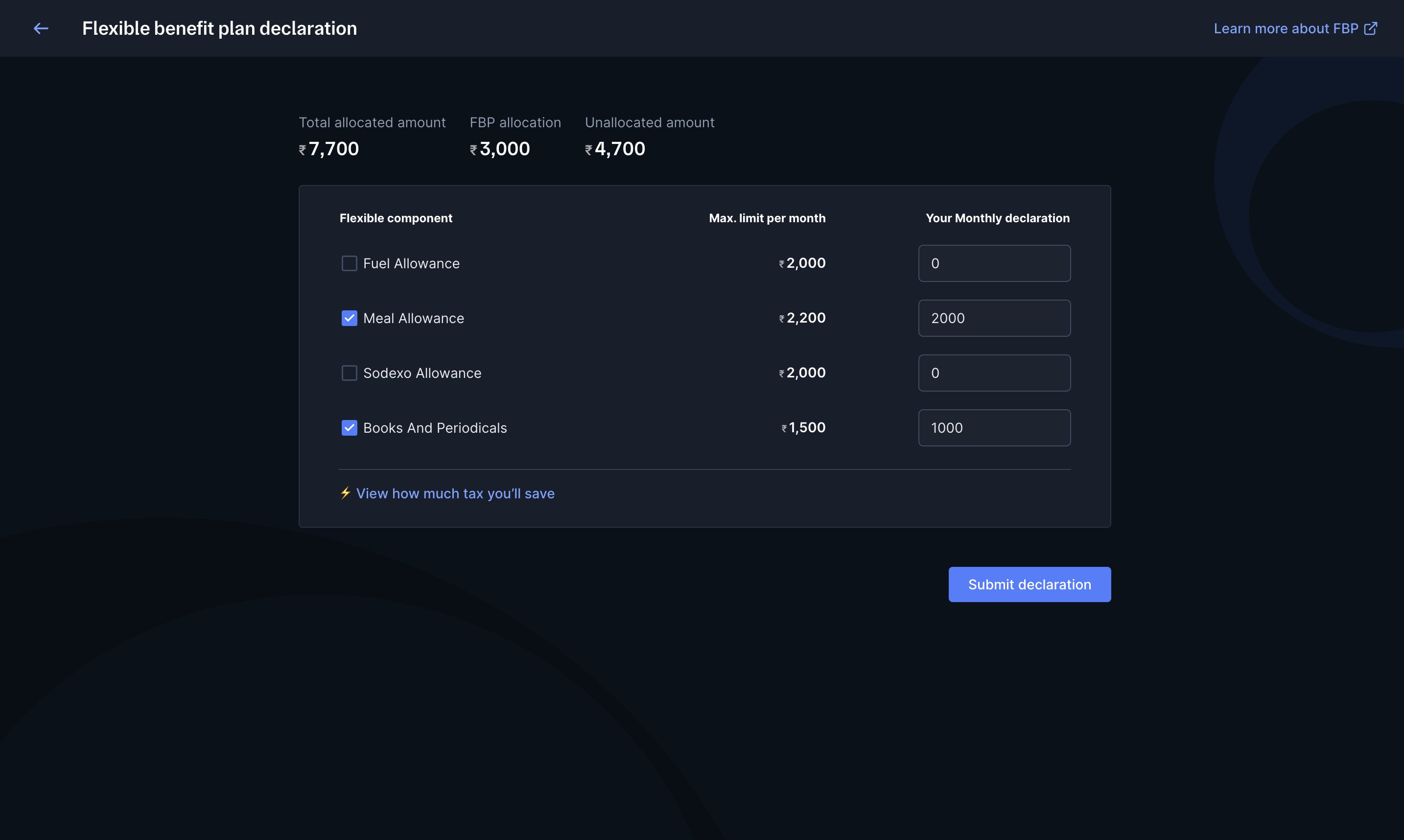 Declare FBP amount on Payroll Dashboard