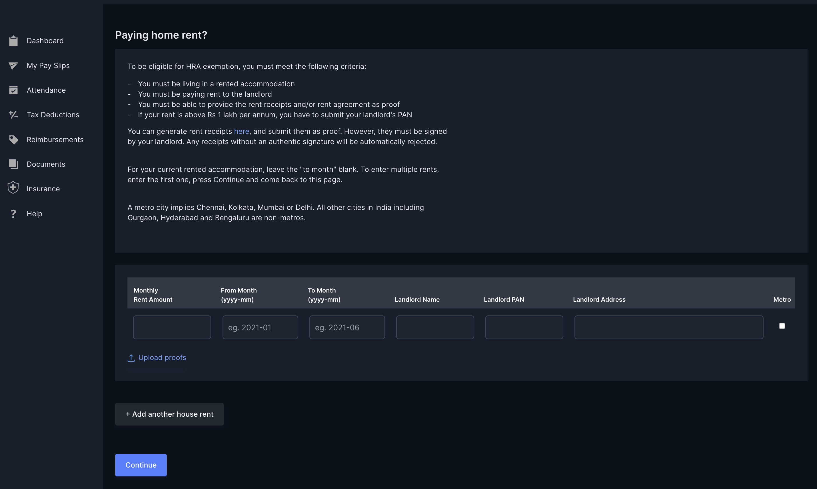 Payroll Dashboard HRA for Employees upload proofs