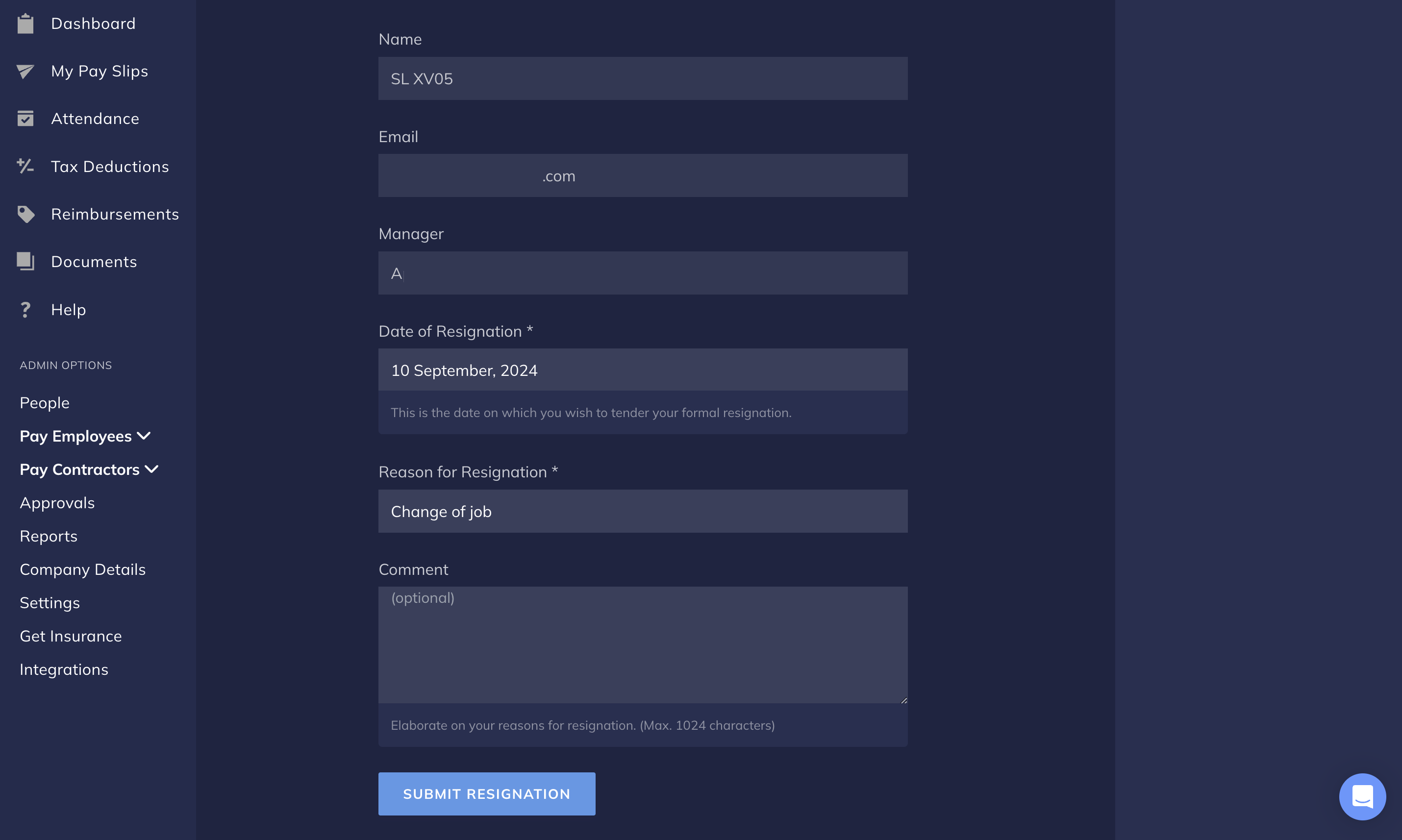 Payroll Dashboard Employee submit resignation