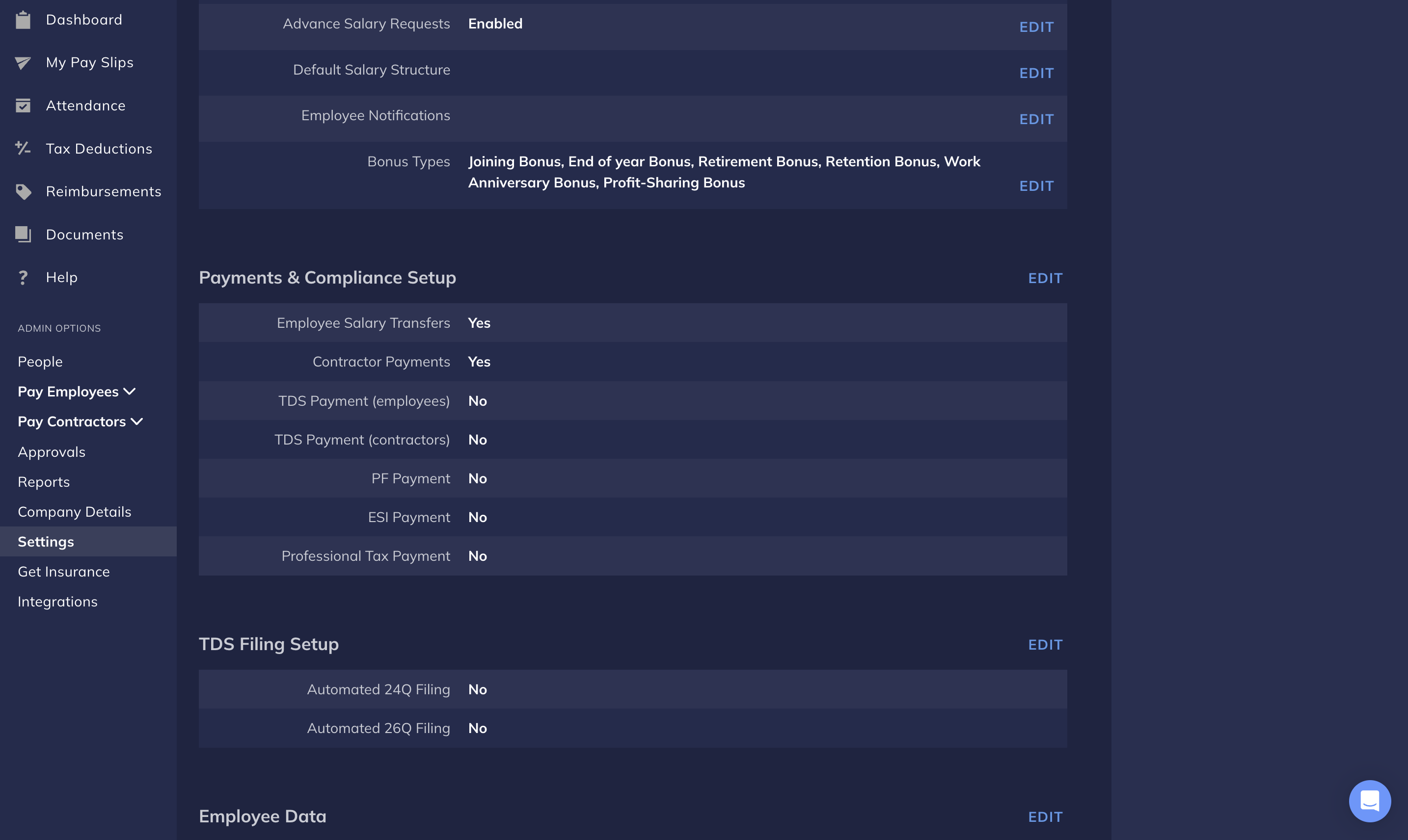 EDIT on Payroll Dashboard Settings > Payments & Compliance Setup