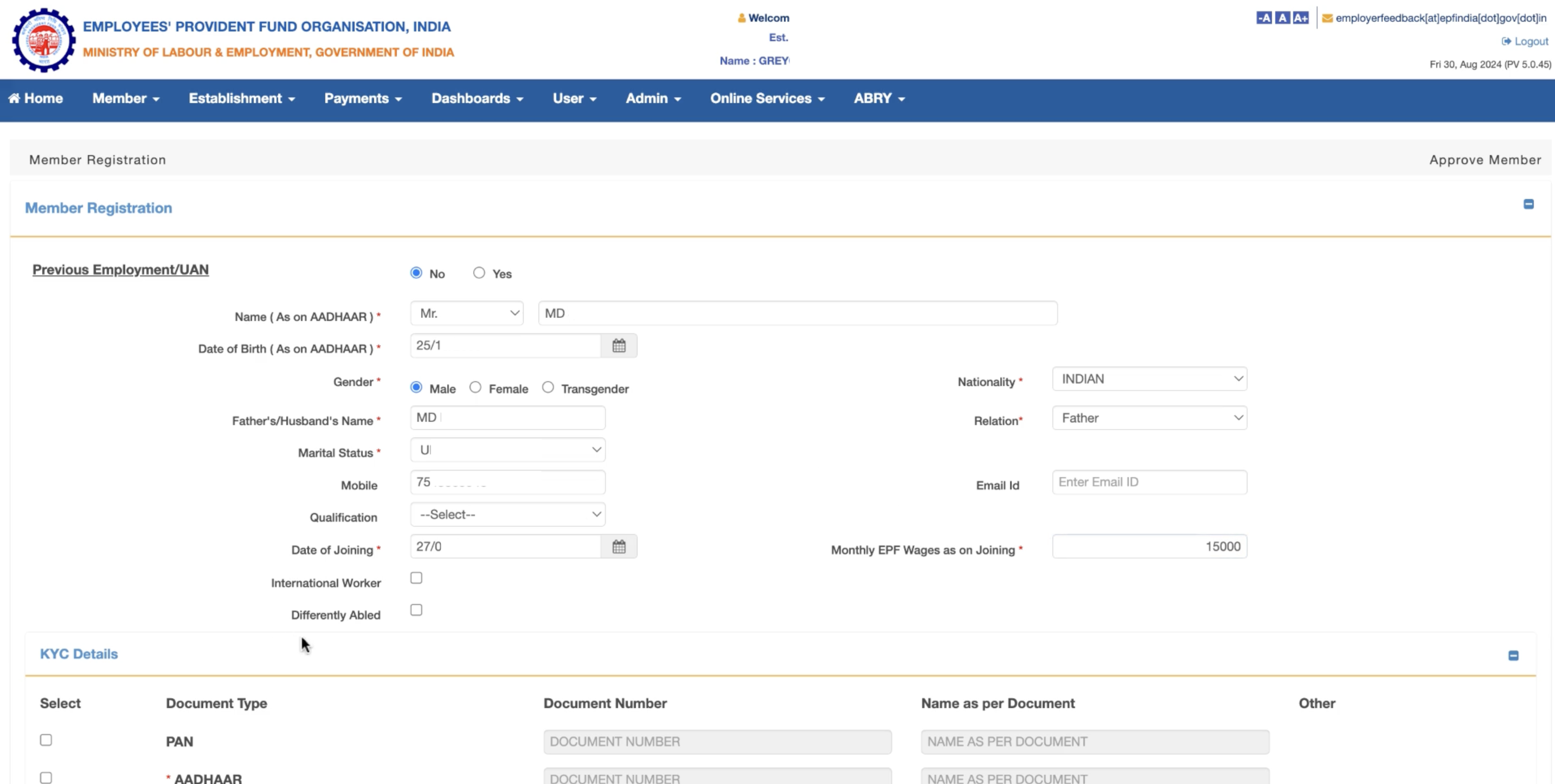 Payroll Register employee for PF New UAN