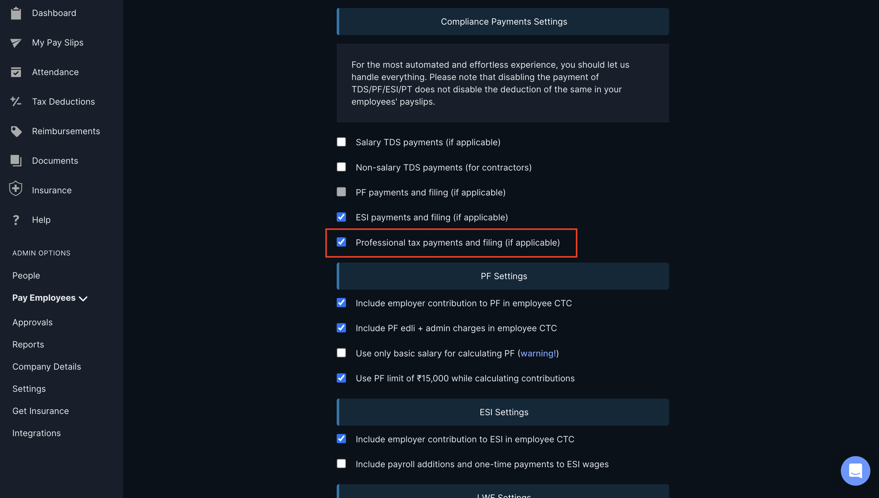 Payroll professional tax filings setup