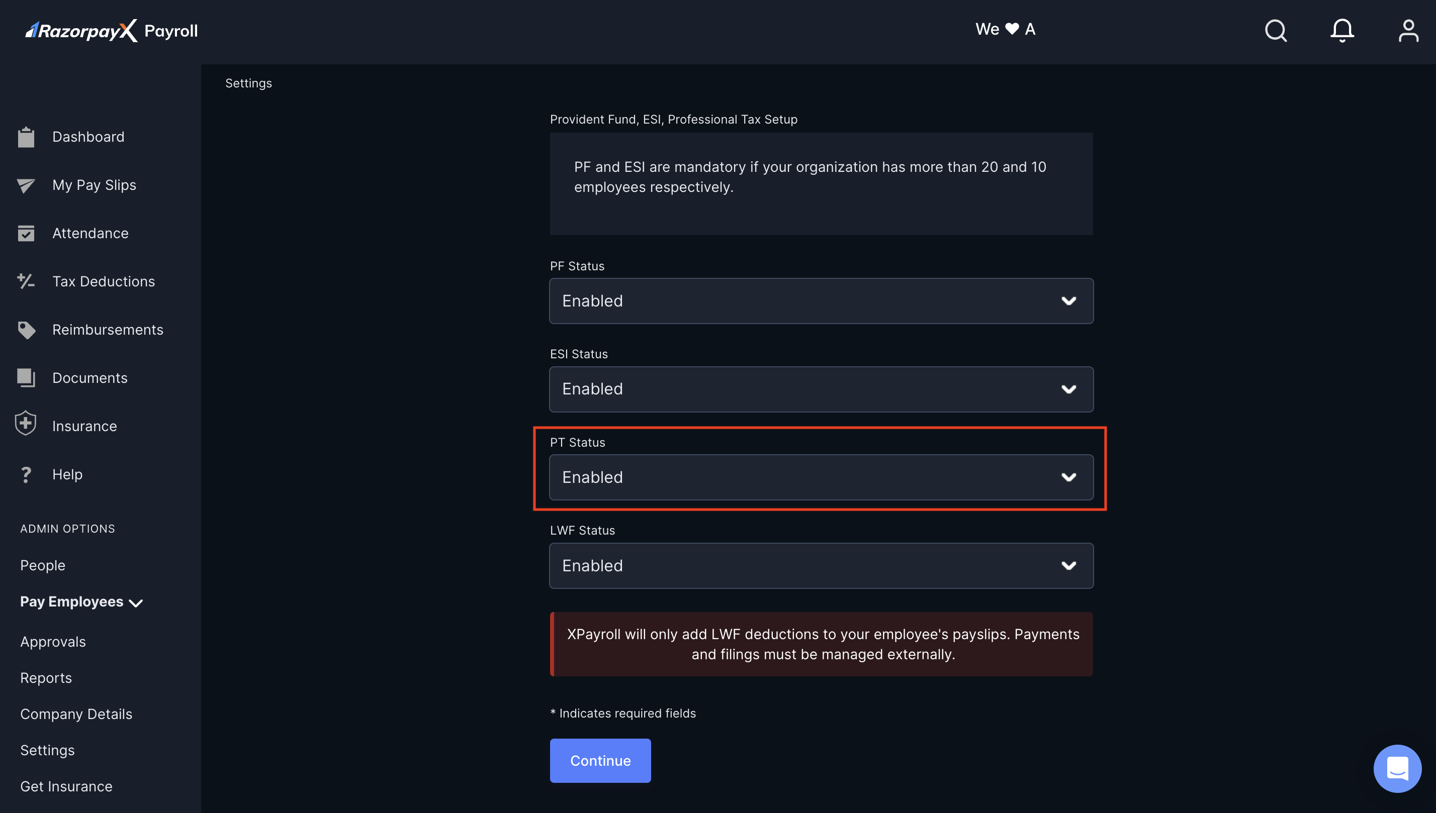 PT Setup on Payroll Dashboard