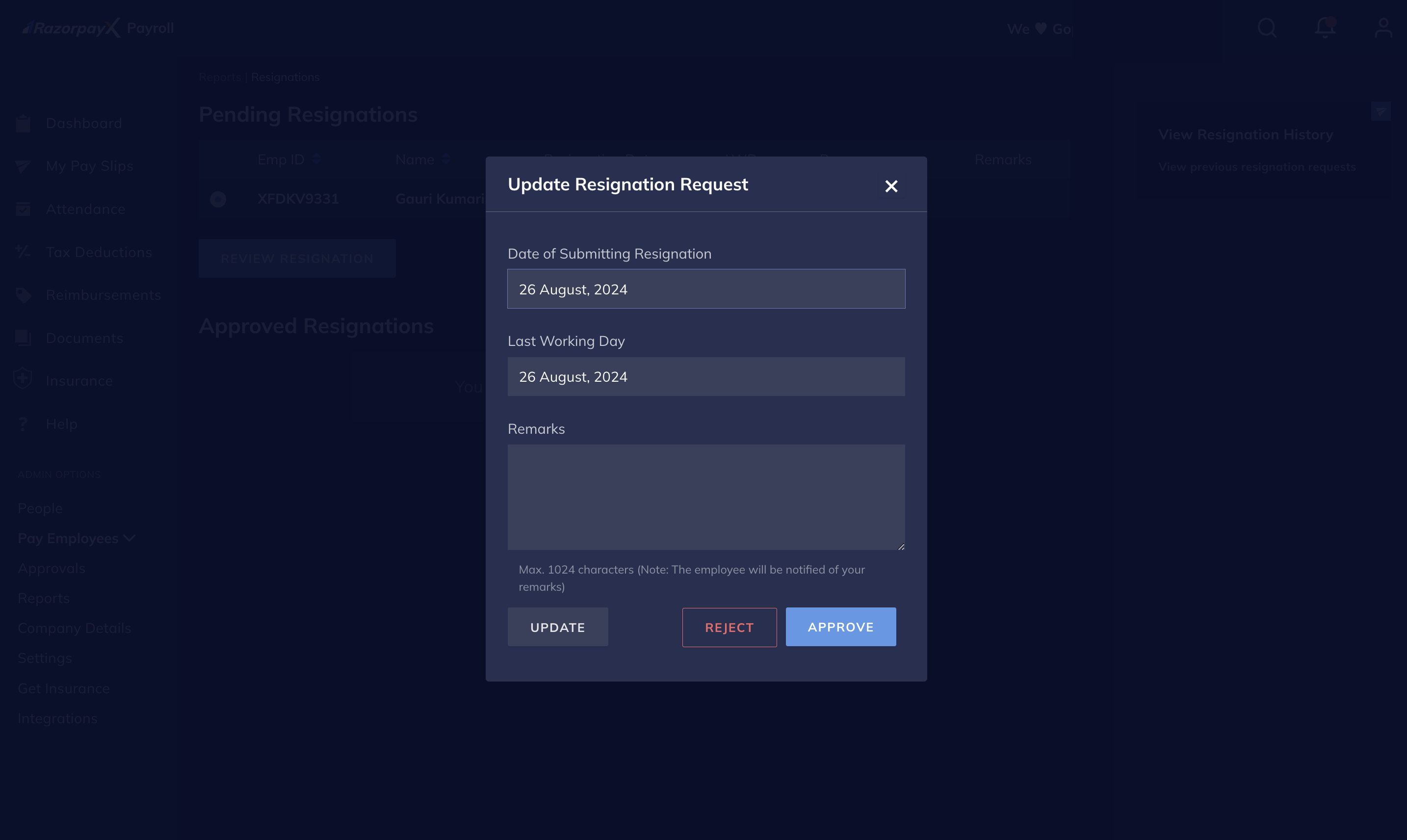 Approve or Reject resignations on Payroll Dashboard